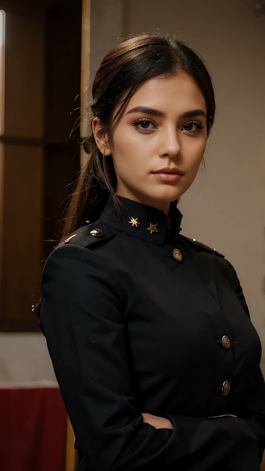Make a military woman in a black uniform, com um broche de 3 estrelas brancas