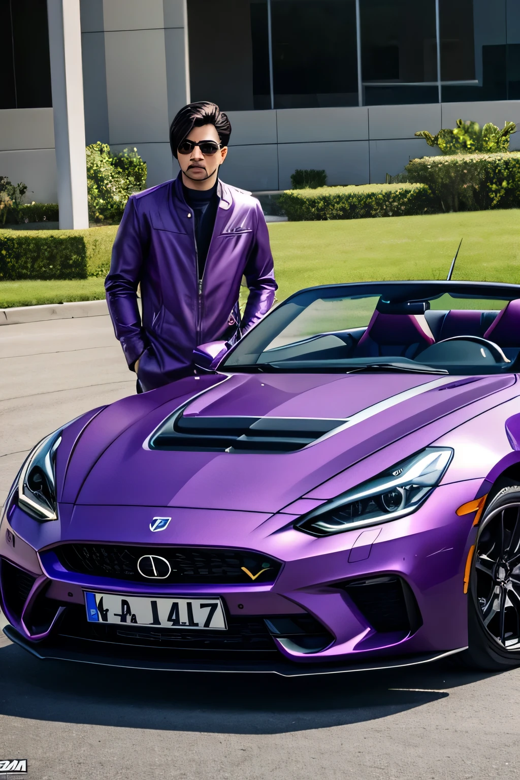 purple wizard driving a convertible purple car