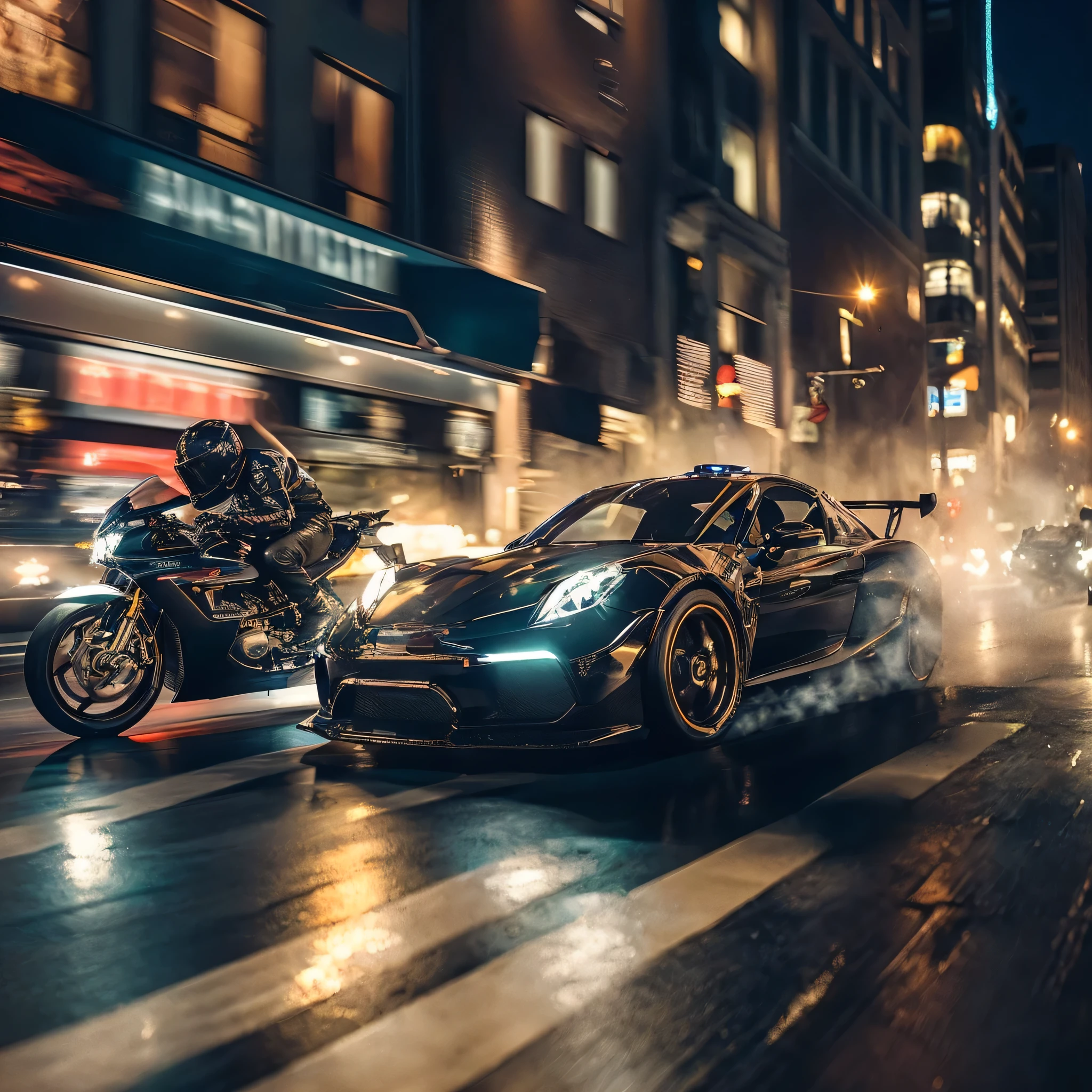cars and motorbikes driving on a city street at night, e Mumford. 8 k octane rendering, vfx powers at night in the city, e Mumford. octane rendering, 8k octane rendering, 8 k octane rendering, Sociedade Octane CG, 8k octane 3D rendering, Car chase, 8k octane rendering uhd, concept art octane rendering, hotrods dirigindo por uma rua