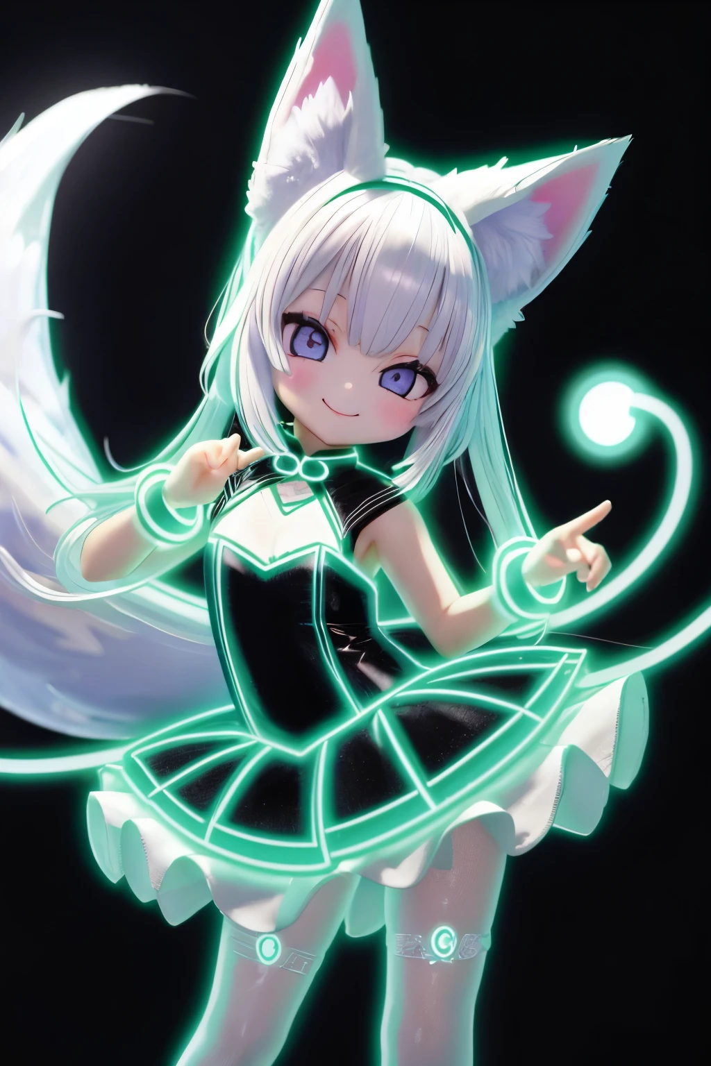 A girl with striking white hair、Fox ears and tail、Cosplay、Baby Face、Cute dynamic pose、hair ornaments、Black Pantyhose、Sleeveless、smile、Background is blue、Neon light clothes