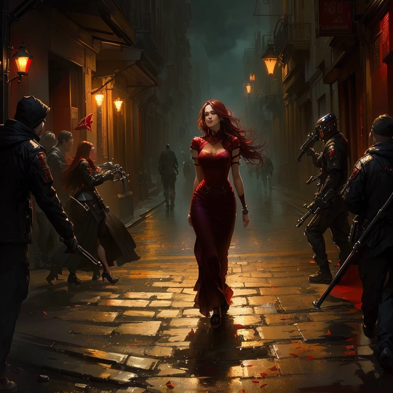 A woman in a red dress walking down the street, Raymond Swanland's style, The gothic cityscape behind her, Dark Fantasy Oil Painting, Dark fantasy art, in style of Dark Fantasy Art, Dark Fantasy Art, Dark Fantasy Artwork, Medieval dark fantasy, Stylized urban fantasy art, Dark fantasy concept art, Dark fantasy horror art, gothic fantasy art