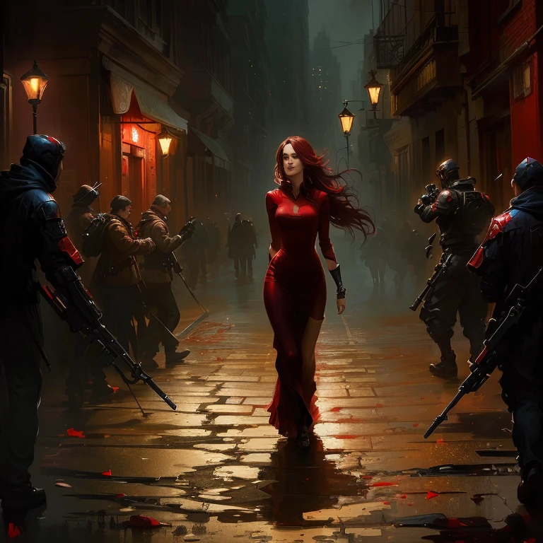 A woman in a red dress walking down the street, Raymond Swanland&#39;s style, The gothic cityscape behind her, Dark Fantasy Oil Painting, Dark fantasy art, in style of Dark Fantasy Art, Dark Fantasy Art, Dark Fantasy Artwork, Medieval dark fantasy, Stylized urban fantasy art, Dark fantasy concept art, Dark fantasy horror art, gothic fantasy art