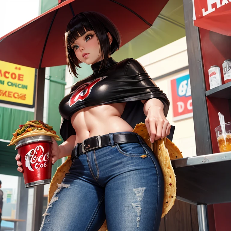 Woman in cape and hot pants eating tacos at a Mexican food stall There are a lot of tacos, coke and tequila on the table. I can see your pants