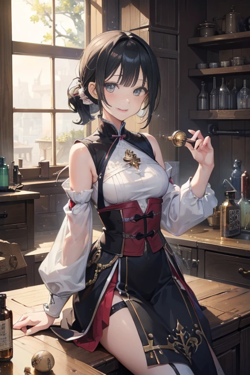 (fantasy:1.5),(anime,8k,masterpiece, top quality, best quality,beautiful and aesthetic:1.2,professional illustrasion:1.1,ultra detail:1.3,perfect lighting),extremely detailed,highest detailed,incredibly absurdres , highres, ultra detailed,intricate:1.6,(Alchemy Workshop:1.4),A girl mixing,Medicine in many small bottles,holding small potion,colorful:1.4,zentangle,(1girl),(girl),(Three kingdoms female warload),(highly detailed beautiful face and eyes,firm breasts),oily skin,((black,hair,short bob with short pony tail hair)),thin pubic hair,cute,lovely,34 years old,alchemist costume,Merchant's Clothing,smile,in the kitchen,smile,seductive weak smiling,(with sparkling eyes and a contagious smile),open mouth, Looking at Viewer,