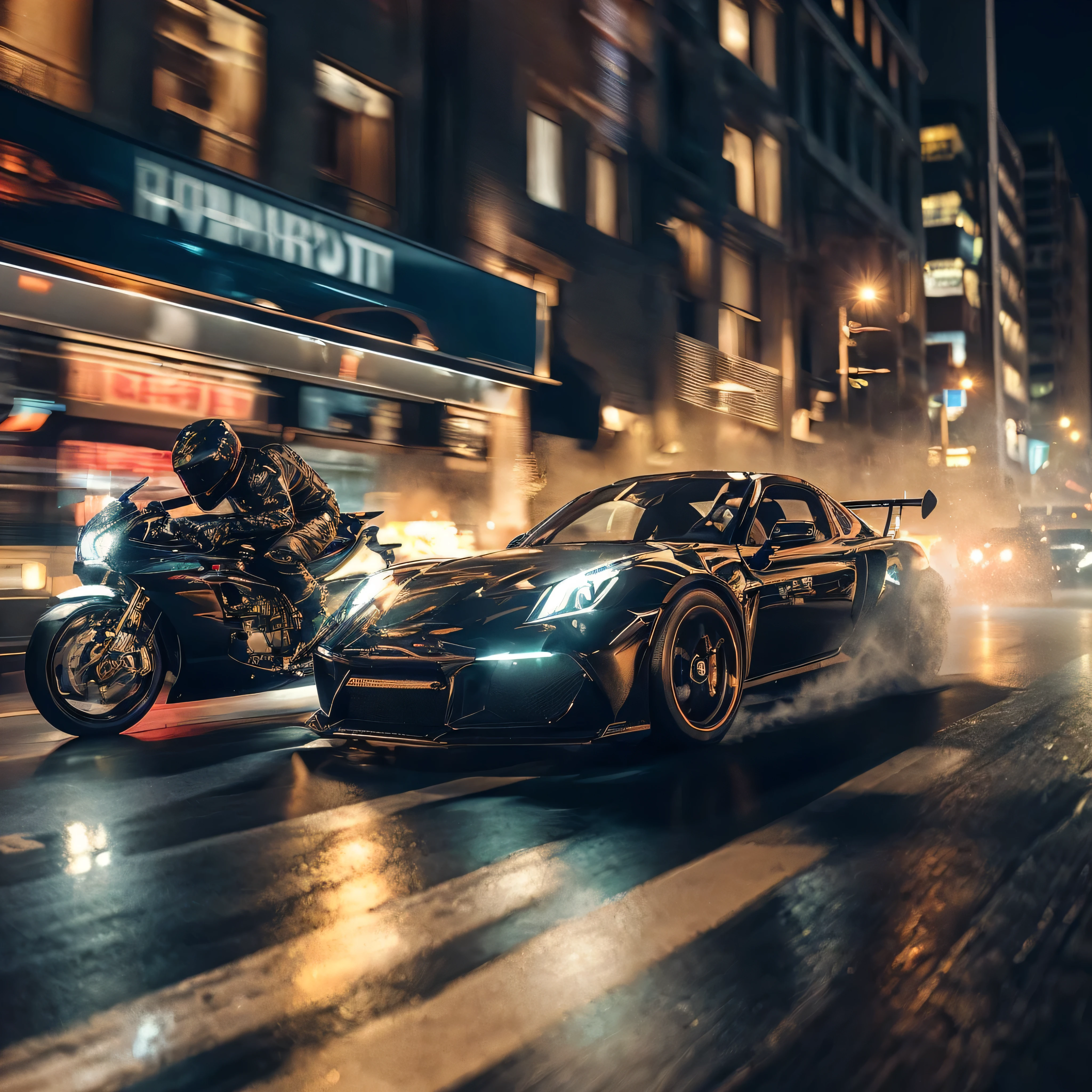 cars and motorbikes driving on a city street at night, e Mumford. 8 k octane rendering, vfx powers at night in the city, e Mumford. octane rendering, 8k octane rendering, 8 k octane rendering, Sociedade Octane CG, 8k octane 3D rendering, Car chase, 8k octane rendering uhd, concept art octane rendering, hotrods dirigindo por uma rua
