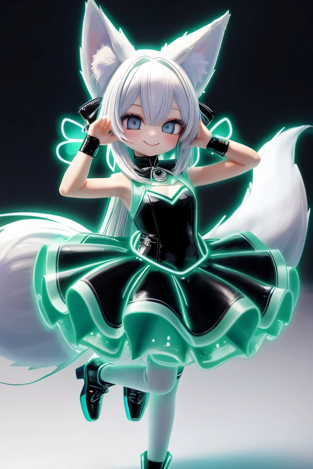 A girl with striking white hair、Fox ears and tail、Cosplay、Baby Face、Cute dynamic pose、hair ornaments、Black Pantyhose、Sleeveless、smile、Background is blue、Neon light clothes