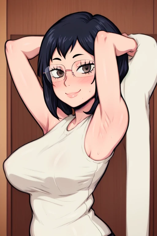 masterpiece, best quality, shimizu kiyoko, looking at viewer, very large breasts, upper body, portrait, looking at viewer, seductive smile,put your hands behind your head, armpits, armpits visible, sweaty armpits, wearing glasses,
