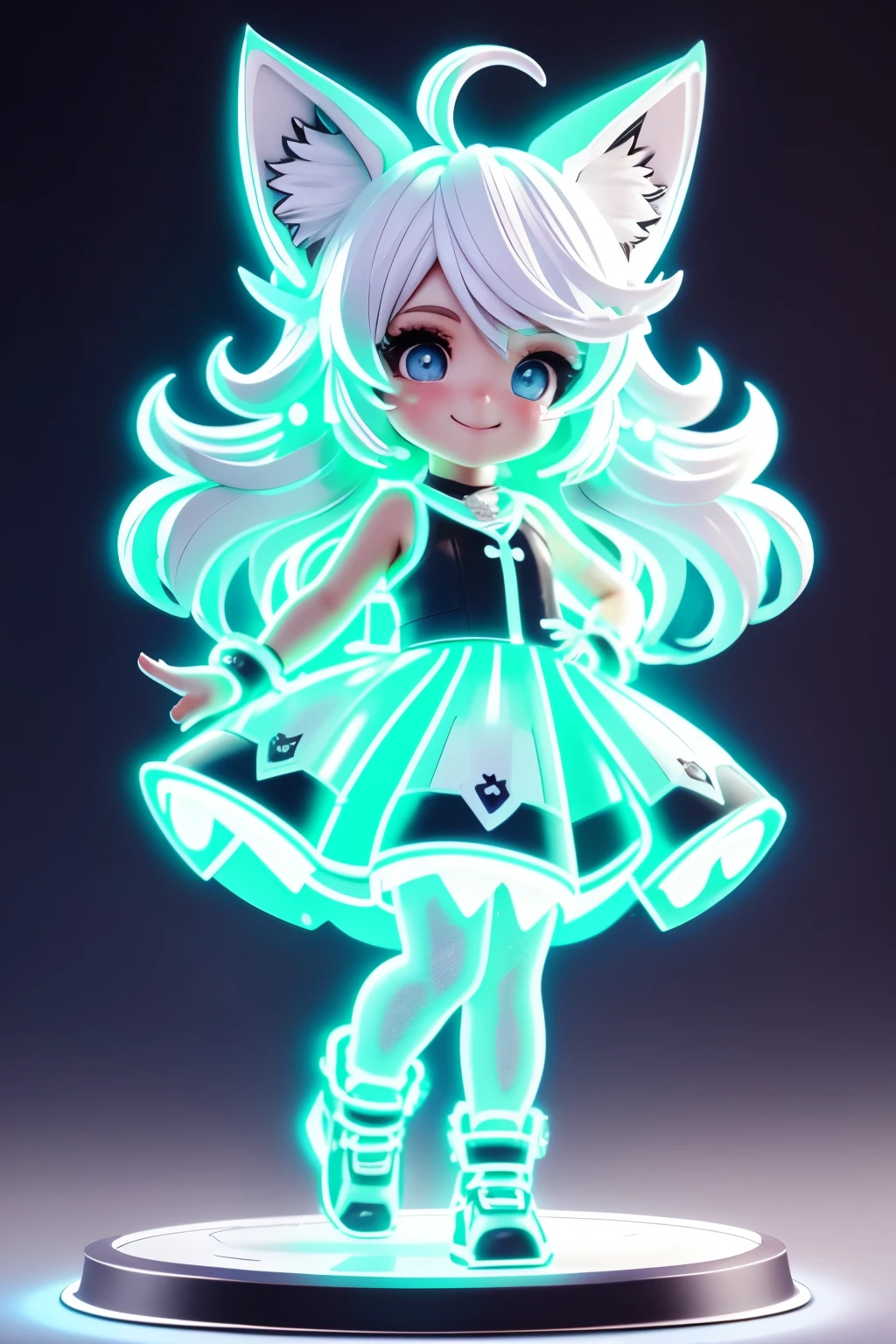 A girl with striking white hair、Fox ears and tail、Cosplay、Baby Face、Cute dynamic pose、hair ornaments、Black Pantyhose、Sleeveless、smile、Background is blue、Neon light clothes