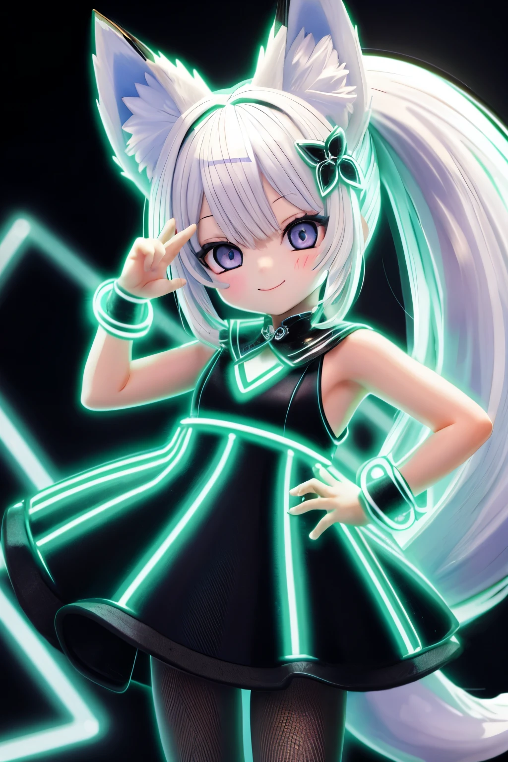 A girl with striking white hair、Fox ears and tail、Cosplay、Baby Face、Cute dynamic pose、hair ornaments、Black Pantyhose、Sleeveless、smile、Background is blue、Neon light clothes