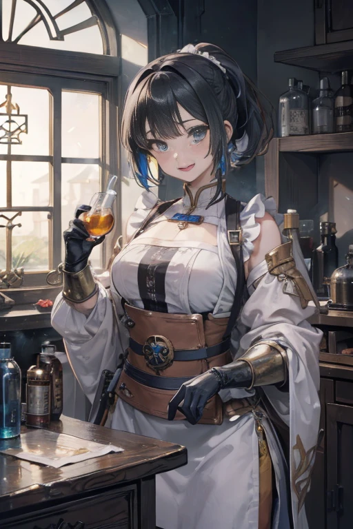 (fantasy:1.5),(anime,8k,masterpiece, top quality, best quality,beautiful and aesthetic:1.2,professional illustrasion:1.1,ultra detail:1.3,perfect lighting),extremely detailed,highest detailed,incredibly absurdres , highres, ultra detailed,intricate:1.6,(Alchemy Workshop:1.4),A girl mixing,Medicine in many small bottles,holding small potion,colorful:1.4,zentangle,(1girl),(girl),(Three kingdoms female warload),(highly detailed beautiful face and eyes,firm breasts),oily skin,((black,hair,short bob with short pony tail hair)),thin pubic hair,cute,lovely,34 years old,alchemist costume,Merchant's Clothing,smile,in the kitchen,smile,seductive weak smiling,(with sparkling eyes and a contagious smile),open mouth, Looking at Viewer,