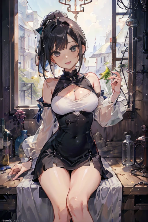 (fantasy:1.5),(anime,8k,masterpiece, top quality, best quality,beautiful and aesthetic:1.2,professional illustrasion:1.1,ultra detail:1.3,perfect lighting),extremely detailed,highest detailed,incredibly absurdres , highres, ultra detailed,intricate:1.6,(Alchemy Workshop:1.4),A girl mixing,Medicine in many small bottles,holding small potion,colorful:1.4,zentangle,(1girl),(girl),(Three kingdoms female warload),(highly detailed beautiful face and eyes,firm breasts),oily skin,((black,hair,short bob with short pony tail hair)),thin pubic hair,cute,lovely,34 years old,alchemist costume,Merchant's Clothing,smile,in the kitchen,smile,seductive weak smiling,(with sparkling eyes and a contagious smile),open mouth, Looking at Viewer,