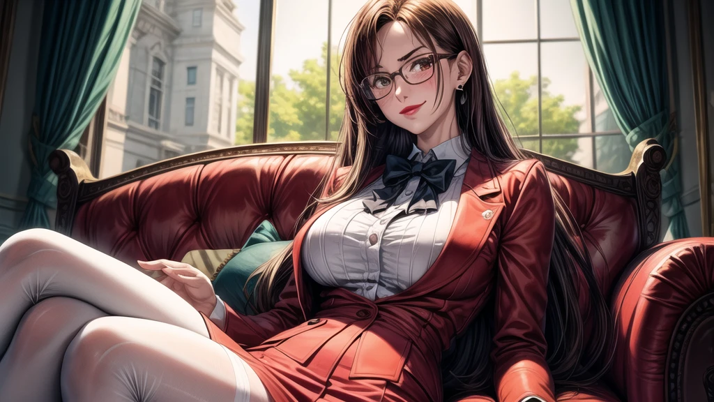 highres, high quality, intricate details, cinematic lighting, shiny, retro artstyle, MaiKannazuki, 1girl, mature female, solo, sitting, on sofa, crossed legs, hand on own face, looking at viewer, smirk, blush, brown hair, (single sidelock:1.2), brown eyes, earrings, red lips, opaque glasses, red blazer, bowtie, puffy long sleeves, red miniskirt, grey pantyhose, large breasts, curvy, milf, indoors, luxury room, window, day, mansion,