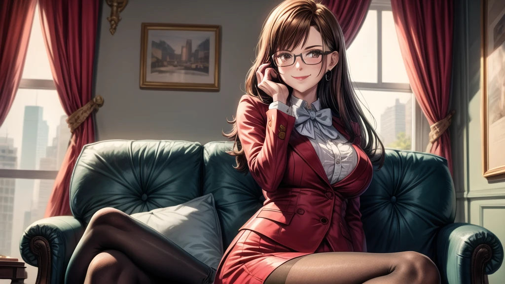 highres, high quality, intricate details, cinematic lighting, shiny, retro artstyle, MaiKannazuki, 1girl, mature female, solo, sitting, on sofa, crossed legs, hand on own face, looking at viewer, smirk, blush, brown hair, (single sidelock:1.2), brown eyes, earrings, red lips, opaque glasses, red blazer, bowtie, puffy long sleeves, red miniskirt, grey pantyhose, large breasts, curvy, milf, indoors, luxury room, window, day, mansion,