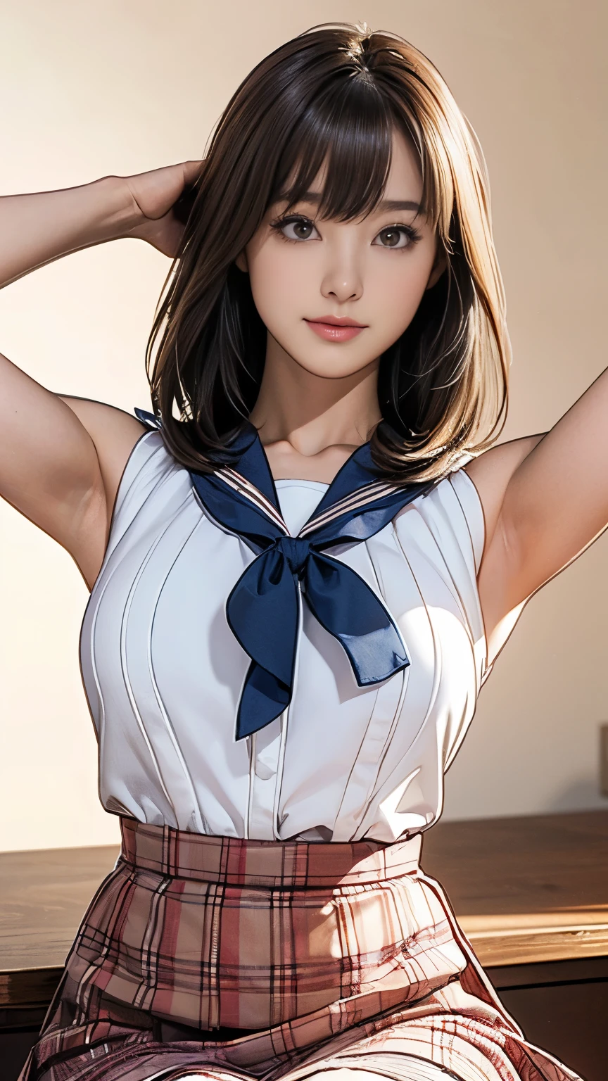 Highly detailed CG Unity 8k wallpaper, Very delicate and beautiful, Shockingly, Finely, official art, absurd, incredibly absurd, Ultra Detailed,The light shines on your face,Looking at the audience, (perfect woman image), Slimウエスト, Full Body Esbian, permanent, ((Sailor Suit, Plaid skirt, Collared shirt, abdomen, Open your clothes, sleeveless tops)), bare arm, Bangs, (best quality, 4K, On the table: 1.3), Beautiful Japanese Araphi woman、15age、Surreal, 1 girl,The face is rich in detail,Lip detail, Beautiful eyes,double eyelids, (Beautiful and delicate lips),Sexy face、Light brown hair、Medium Length Hair、(Seductive figure: 1.2), (Thin waist:1.1)、Flowing hair、((Solitary))、 Half-smile, Color Background, Looking at the audience,big breasts Thin waist,Movie Lighting, ((15ageの女の子, Slim, Thin waist, Thin thighs, Thin arms)), ((Raise your arms, Expose your armpits))