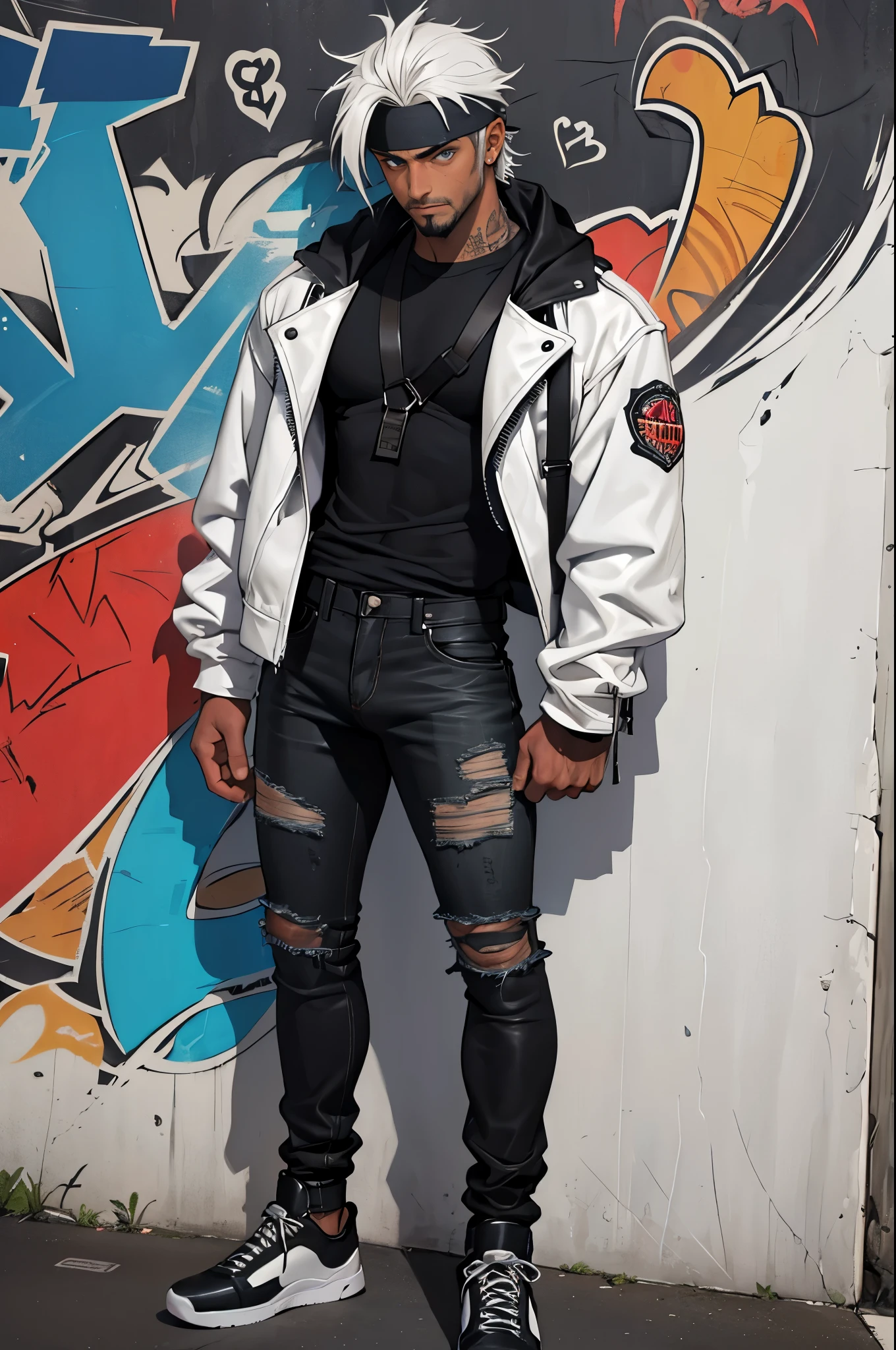 skateboarder punk man, full body shot, viewed from above, highly detailed face, leaning back, sweating, masculine with short beard, body hair, ((dark tanned skin)), bulge, short white hair, smoky grunge punk graffiti, wearing ((skintight black denim)) pants, cum gutters, v-line:1.5, ((he is solo)), ((he is alone)), heterochromia, wearing bandana, open front white leather jacket