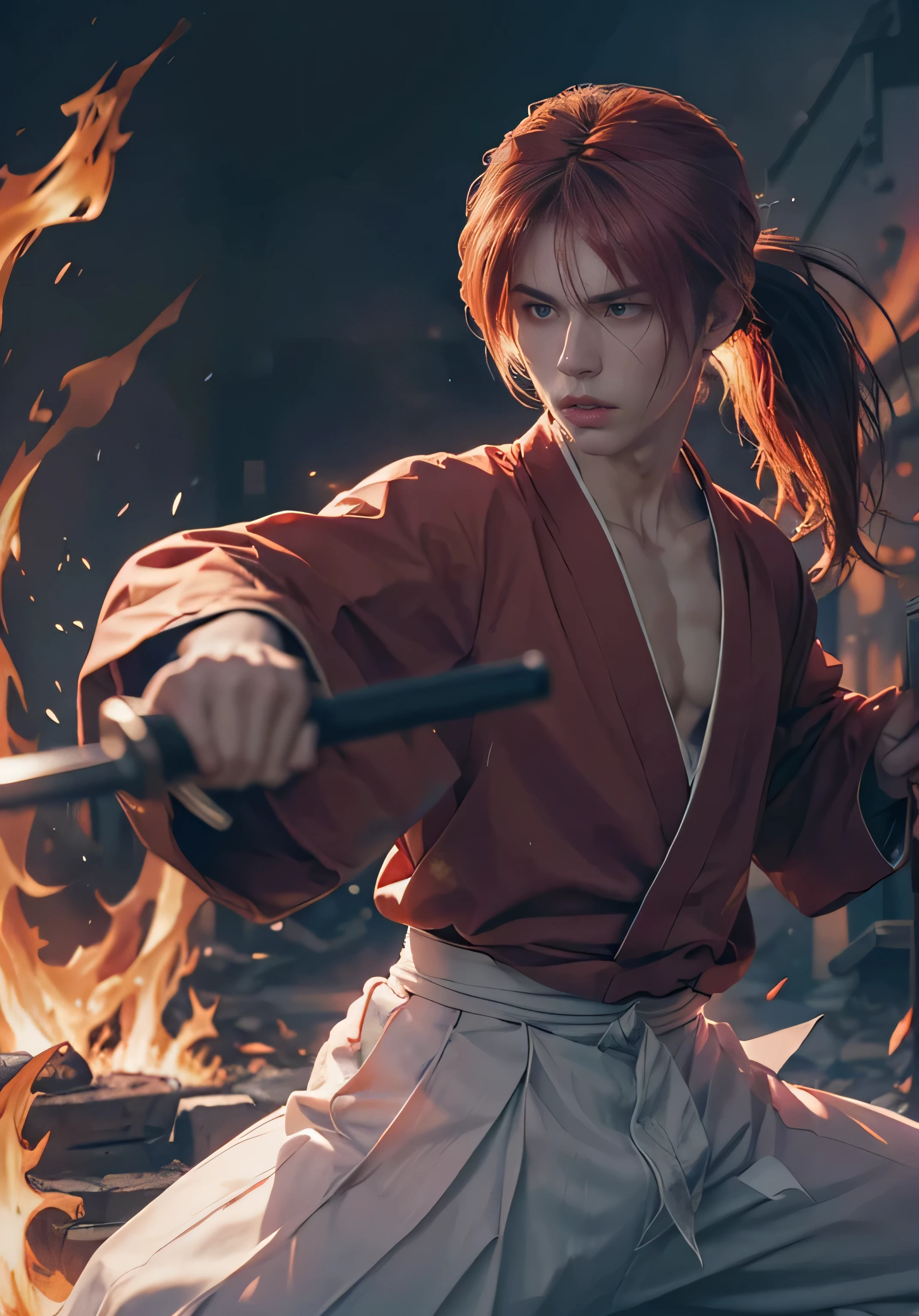 Design amazing postereatures kenshin as the protagonist "Rurouni Kenshin" In the heat of the moment. Capture the essence of his burning determination and indomitable spirit. For he unleashed his anger. Action with a straight sword in hand, Keep it short, Bold, And strongly convey the raw power of Kenshin's anger. Long Hair, ponytail, Red Hair, katana,  cross sign in left cheek,  High quality, photorealistic, 20-year-old man, holding a Katana in his hand, surrounded by fire. The man has a determined posture,  He is wearing a red kimono with intricate patterns, paired with a white hakama .The lighting is realistic, emphasizing the intensity of the scene.
