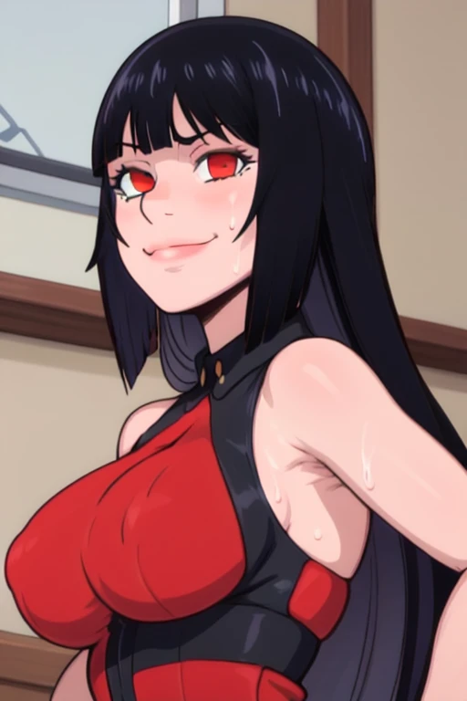 masterpiece, best quality, jabami yumeko, looking at viewer, very large breasts, upper body, portrait, looking at viewer, seductive smile,put your hands behind your head, armpits, armpits visible, sweaty armpits, red color eyes, black long hair