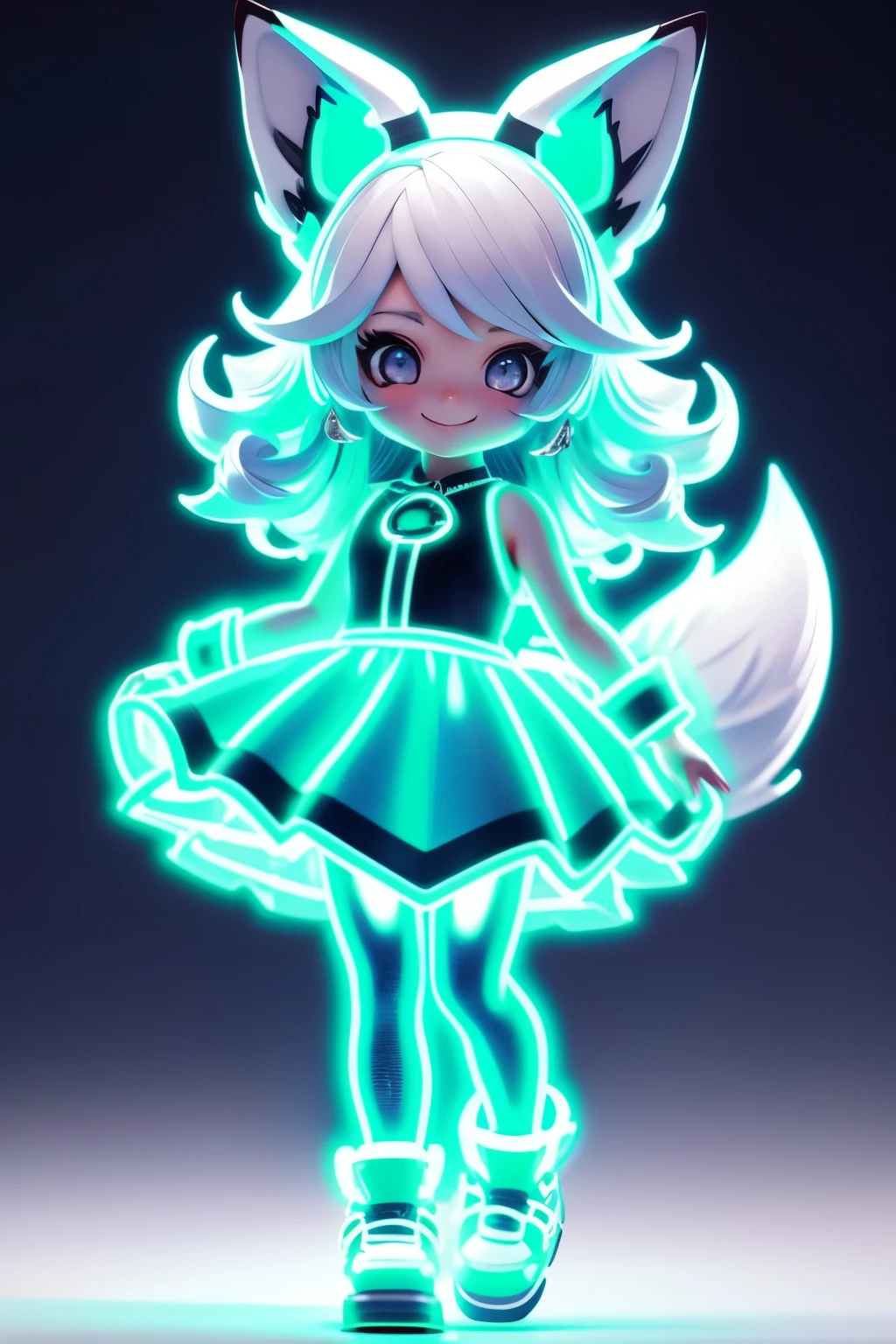 A girl with striking white hair、Fox ears and tail、Cosplay、Baby Face、Cute dynamic pose、hair ornaments、Black Pantyhose、Sleeveless、smile、Background is blue、Neon light clothes