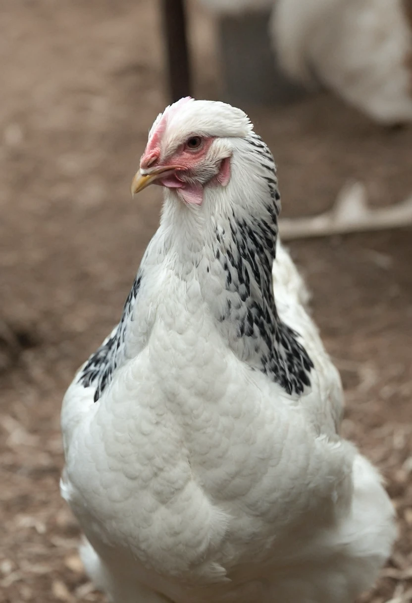 there is a white chicken with a black and white pattern, mirada orgullosaing, conceited smirk, Mujer de mediados de los 20, cuello blanco visible, muda, mirada orgullosaing away, hombre blanco, hembra joven, conceited expression, blanco con manchas negras, mirada orgullosa, hermosa hembra blanca, conceited, mirada peruana, great features