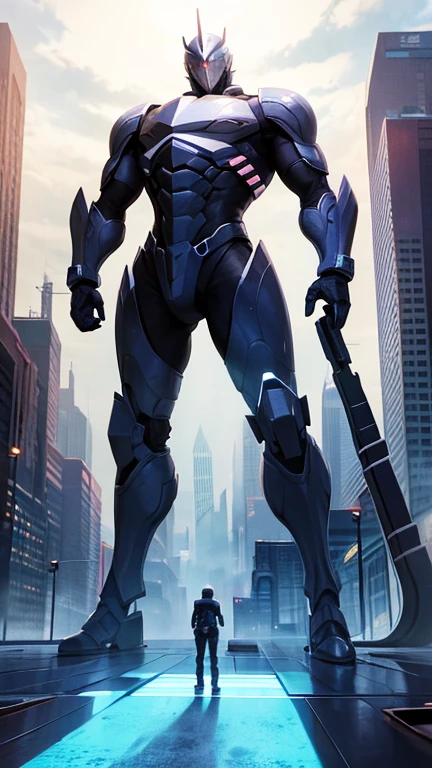 8bit video game menu, futuristic city, hero standing pose, male standing tall