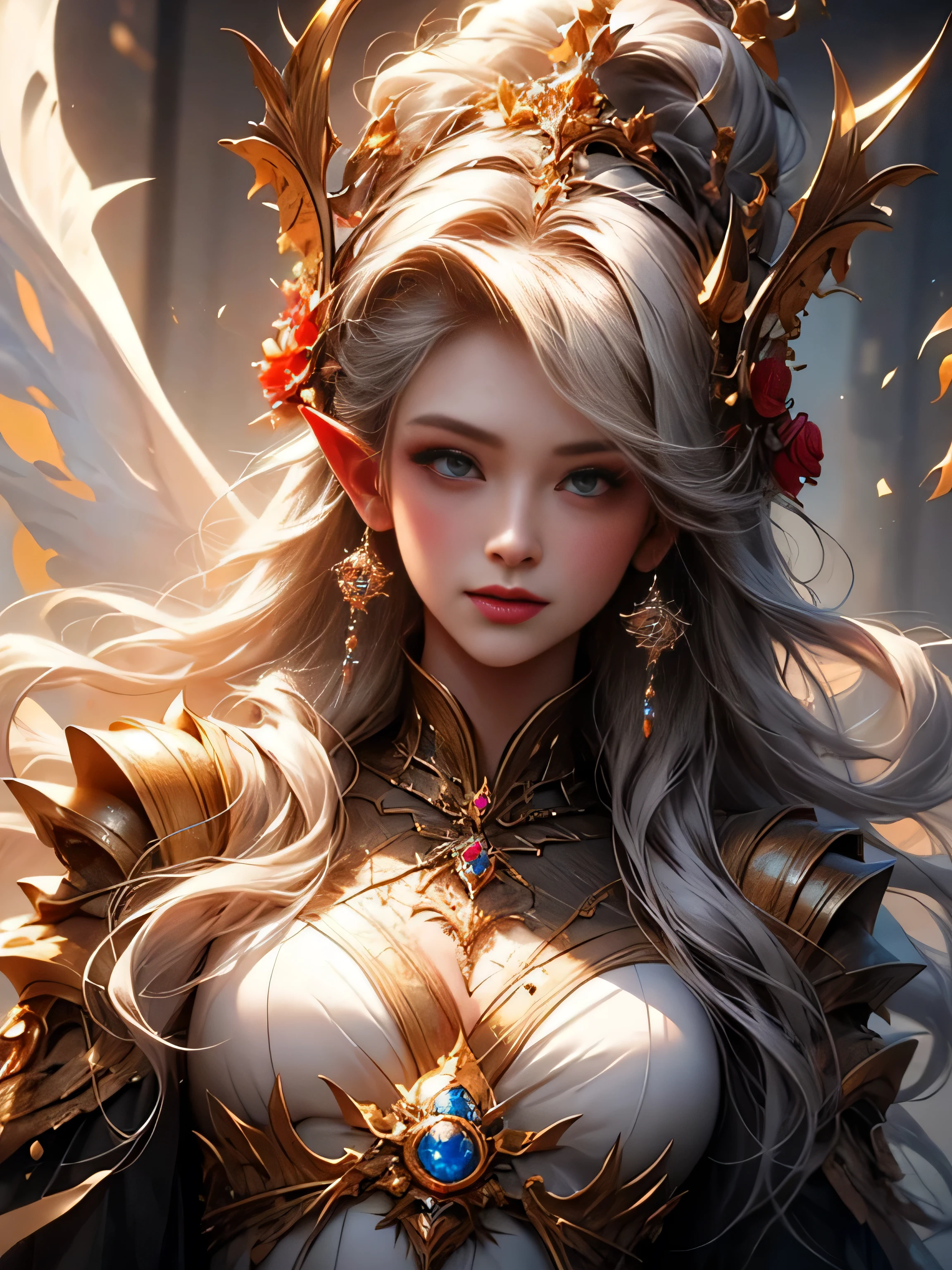 blond girl with blue eyes and red roses in her hair, concept art by Yang J, Artstation contest winner, fantasy art, extremely detailed artgerm, artgerm. high detail, artgerm detailed, artgerm. anime illustration, style artgerm, elf girl, ig model | artgerm, style of artgerm, artgerm style, 8k character details, high quality anime art, high quality illustration, detailed anime wallpapers, detailed anime art, hyper realistic, elegant, high quality realistic anime art, ((Finely drawn eyes)) [Perfectly detailed eyes((Beautiful eyes like jewels) drawn in great detail)[clearly drawn pupils]],[eye light[Precise eye lighting]],[long and beautiful eyelashes],[precisely drawn hair [Beautiful and shiny hair, detailed]], (Perfect hand-detailed [Beautiful fingers without damage [beautiful nails]]), (perfect anatomy (perfectly balanced proportions)) [[Full-length portrait]], [perfect color coordination (Accurate simulation of the interaction of light and materials)],([Precise detail](detailed, high)),[Visual art that tells a story],((highest quality)high [[High density drawing]])(4K quality)