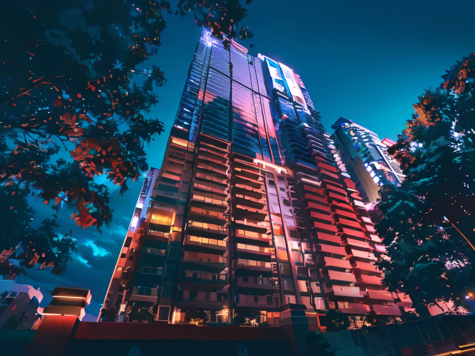 High-rise buildings with a red and white facade and a blue fence, Shot with Sony alpha 9, High-rise buildings, 2 4 mm large 8 0 0, low angle wide shot, High-rise buildingss on the sides, View from the ground, the building is a skyscraper, full building, View from the bottom, ISO 1 0 0 wide viewing angle, Shot with Sony a7r camera