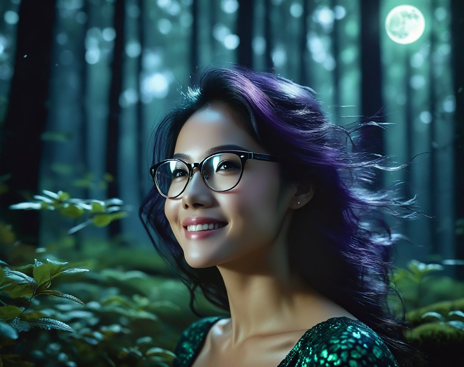 The main character is highlighted in the center of the image, occupying most of the frame, with her body fully presented; She turns back, looking over her shoulder with a smile that brings charm while her hair is touched by the wind. Realistic 4k Image Description: Description: A dense, shadowy forest at night, lit only by the soft light of the full moon filtered through the treetops. The trees have a surreal texture, with intricate patterns and leaves that appear to glow in the moonlight. The forest floor is covered in moss and damp leaves, reflecting the moonlight and creating an ethereal effect. Subtle color variations, such as dark blue, emerald green and violet, give the scene a mysterious and enchanting appearance.* She wears half-square prescription glasses with animal print frames, adding an element of style and sophistication to her appearance. The glasses perfectly complement her face, highlighting her expression and personality. However, some special features add a unique touch to her appearance: Light Dimples: She has light dimples that appear delicately near her cheeks when she smiles, adding an adorable charm to her face. Moles: Some moles are strategically scattered across her face, adding a touch of uniqueness and charm to her appearance. Expression Lines on the Forehead: Slight expression lines on the forehead reveal her vivacity and expressiveness, adding an aura of maturity and authenticity to her beauty. Delicate Mouth: Her mouth is delicately designed, with soft, well-defined lips that add an aura of femininity and elegance to her natural beauty. Black and well-defined eyes: her eyes are black and European in size, standing out for their depth and expressiveness. They radiate a captivating and mysterious energy, capturing the attention of everyone around her. Scene: Camera Configuration: Camera Type: Professional high-resolution DSLR camera. Lens: Standard 50mm lens to capture the scene with a natural perspective. Lens Focal Distance: 50mm. Aper