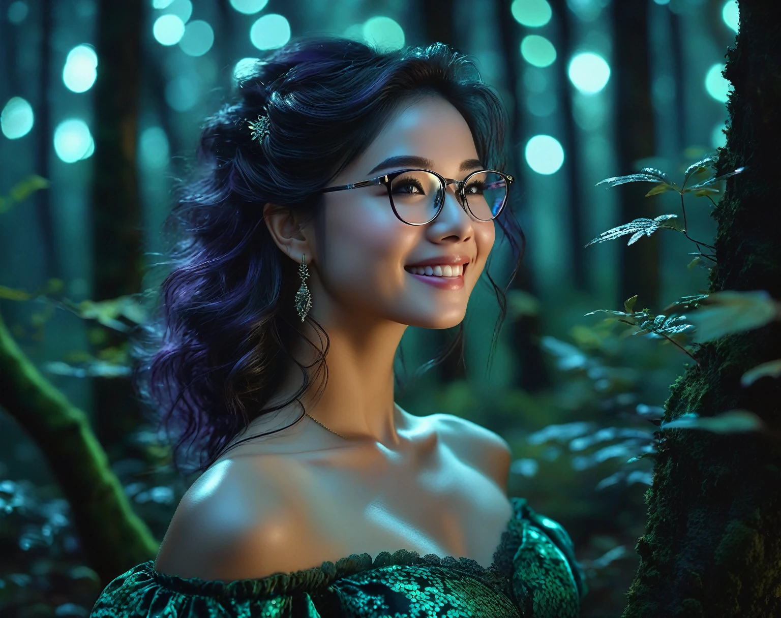 The main character is highlighted in the center of the image, occupying most of the frame, with her body fully presented; She turns back, looking over her shoulder with a smile that brings charm while her hair is touched by the wind. Realistic 4k Image Description: Description: A dense, shadowy forest at night, lit only by the soft light of the full moon filtered through the treetops. The trees have a surreal texture, with intricate patterns and leaves that appear to glow in the moonlight. The forest floor is covered in moss and damp leaves, reflecting the moonlight and creating an ethereal effect. Subtle color variations, such as dark blue, emerald green and violet, give the scene a mysterious and enchanting appearance.* She wears half-square prescription glasses with animal print frames, adding an element of style and sophistication to her appearance. The glasses perfectly complement her face, highlighting her expression and personality. However, some special features add a unique touch to her appearance: Light Dimples: She has light dimples that appear delicately near her cheeks when she smiles, adding an adorable charm to her face. Moles: Some moles are strategically scattered across her face, adding a touch of uniqueness and charm to her appearance. Expression Lines on the Forehead: Slight expression lines on the forehead reveal her vivacity and expressiveness, adding an aura of maturity and authenticity to her beauty. Delicate Mouth: Her mouth is delicately designed, with soft, well-defined lips that add an aura of femininity and elegance to her natural beauty. Black and well-defined eyes: her eyes are black and European in size, standing out for their depth and expressiveness. They radiate a captivating and mysterious energy, capturing the attention of everyone around her. Scene: Camera Configuration: Camera Type: Professional high-resolution DSLR camera. Lens: Standard 50mm lens to capture the scene with a natural perspective. Lens Focal Distance: 50mm. Aper