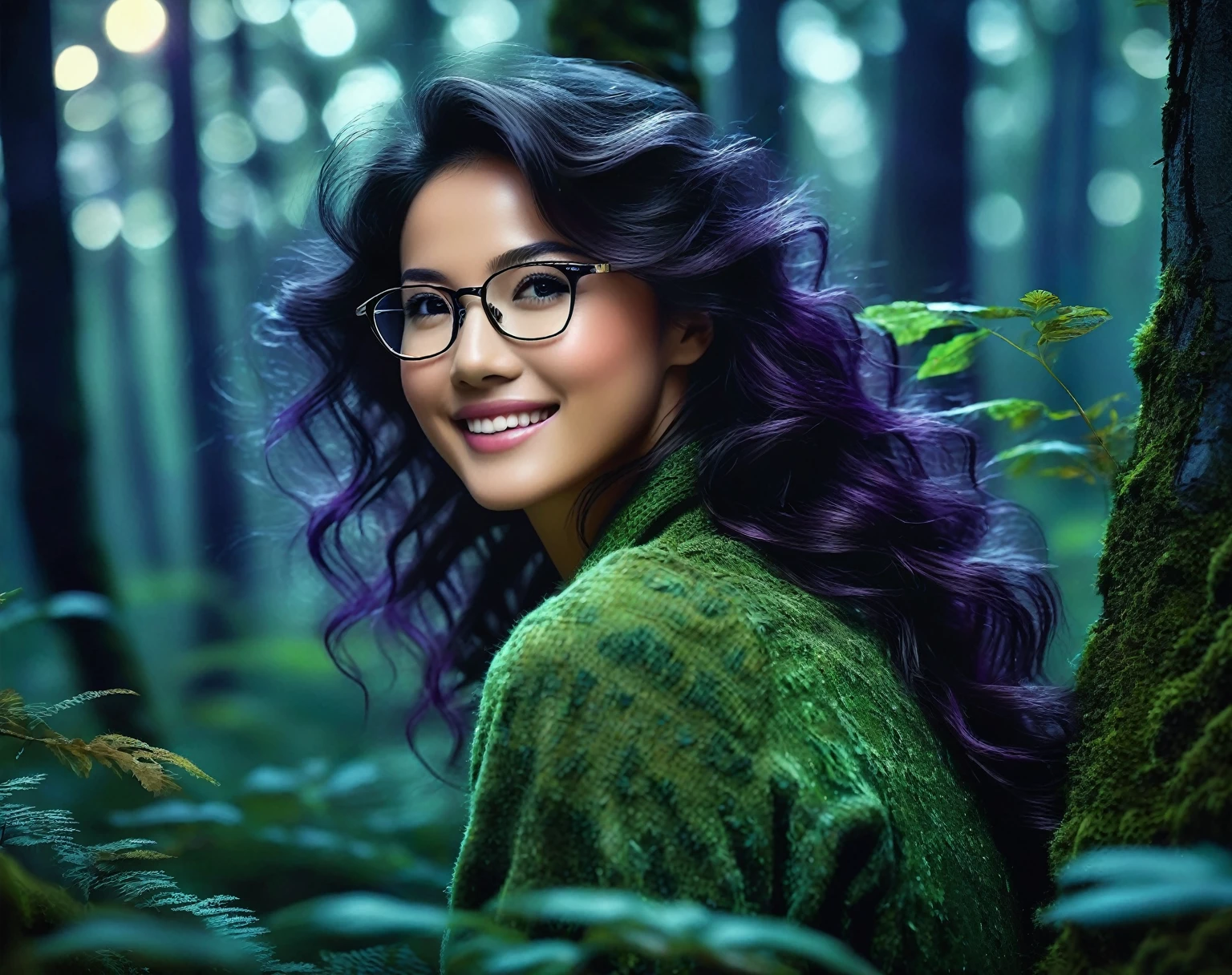 The main character is highlighted in the center of the image, occupying most of the frame, with her body fully presented; She turns back, looking over her shoulder with a smile that brings charm while her hair is touched by the wind. Realistic 4k Image Description: Description: A dense, shadowy forest at night, lit only by the soft light of the full moon filtered through the treetops. The trees have a surreal texture, with intricate patterns and leaves that appear to glow in the moonlight. The forest floor is covered in moss and damp leaves, reflecting the moonlight and creating an ethereal effect. Subtle color variations, such as dark blue, emerald green and violet, give the scene a mysterious and enchanting appearance.* She wears half-square prescription glasses with animal print frames, adding an element of style and sophistication to her appearance. The glasses perfectly complement her face, highlighting her expression and personality. However, some special features add a unique touch to her appearance: Light Dimples: She has light dimples that appear delicately near her cheeks when she smiles, adding an adorable charm to her face. Moles: Some moles are strategically scattered across her face, adding a touch of uniqueness and charm to her appearance. Expression Lines on the Forehead: Slight expression lines on the forehead reveal her vivacity and expressiveness, adding an aura of maturity and authenticity to her beauty. Delicate Mouth: Her mouth is delicately designed, with soft, well-defined lips that add an aura of femininity and elegance to her natural beauty. Black and well-defined eyes: her eyes are black and European in size, standing out for their depth and expressiveness. They radiate a captivating and mysterious energy, capturing the attention of everyone around her. Scene: Camera Configuration: Camera Type: Professional high-resolution DSLR camera. Lens: Standard 50mm lens to capture the scene with a natural perspective. Lens Focal Distance: 50mm. Aper