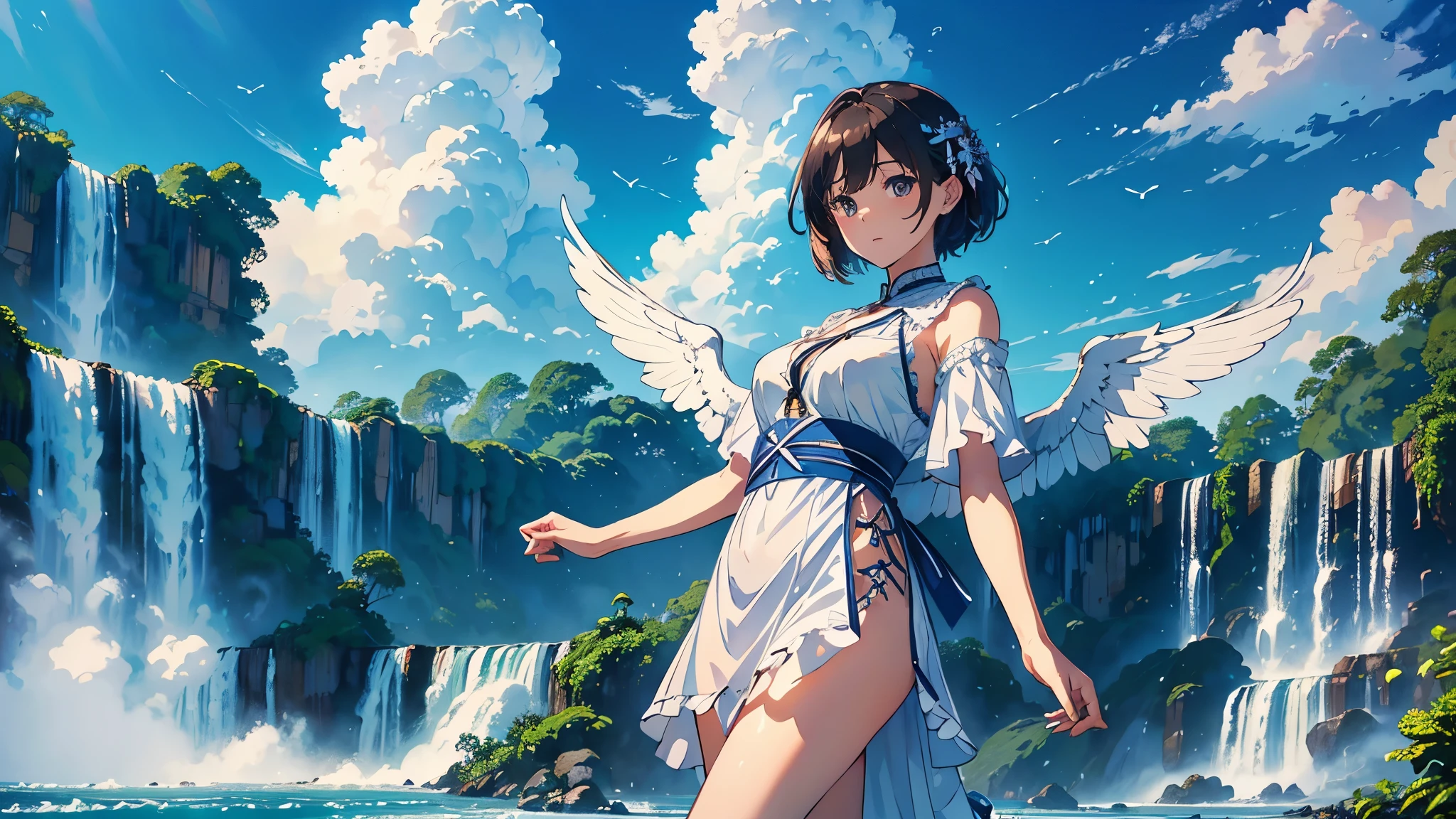 (highest quality, masterpiece, High resolution)、4K Anime Art、(1 person、Beautiful woman、It has large white wings on its back、18-year-old)、(whole body)、(Spreading my wings and flying in the sky、A moving figure)、 (Detailed depiction of a beautiful face、Short Hair)、(Ancient Greek costumes、Tunic)、Majestic blue sky and white clouds，rainbow、Majestic panorama、Cinematic Light、Soft Light、Ray Tracing、(Iguazu Falls in the background)、Blur the background、