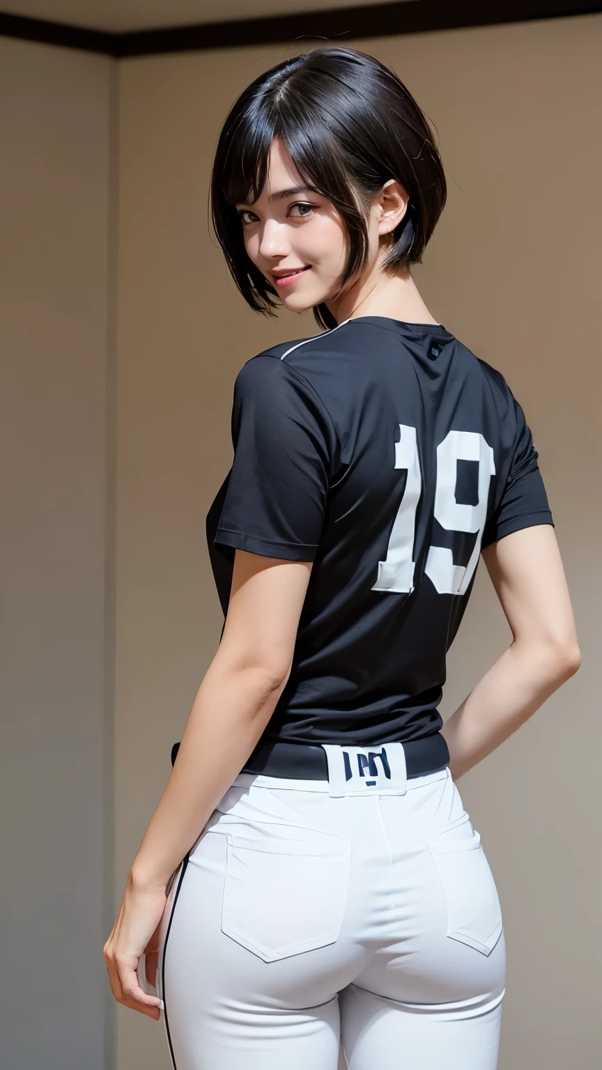(((Backwards:2.0, Face your buttocks towards the camera:2.0, Accentuate your butt:2.0))), ((Clothing:1.8, Baseball helmet:1.8, Baseball Uniforms:2.0)), (((Shadow of the shape of fullback panties:2.0, Baseball shirt:1.8, White baseball pants:1.8))), ((Baseball Stadium:1.5)), 1 Girl, solo, ((Short Hair:1.2, A grin:1.2)), 18-year-old, 7 heads, Ideal body proportions, Black Hair, With bangs, Small breasts, slender, Small Ass, Beautiful feet, Skinny Legs, Surrealism, Cinematic Lighting, Depth of written boundary, First Person View,  F/1.8, 135mm, Ticker, Mastepiece, Curate, ((Anatomically correct:1.3)), Textured skin, Super Detail, High detail, High quality, Awards, Best Quality, High resolution, 8K