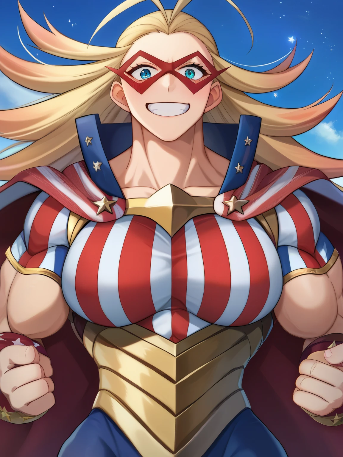 score_9, score_8_superior, score_7_superior, sauce_anime, alone, One girl, Stars and Stripes, Grin, sexyポーズ、View your viewers,, Muscular, Antenna Hair, Domino Mask, American Flag Print, striped bodysuit, Red Cape, blue sky、sexyポーズ、blush、View your viewers、cute、Her chest is F cup、Large breasts、Embarrassed face、Mischievous Smile、超sexy、sexy、Erotic