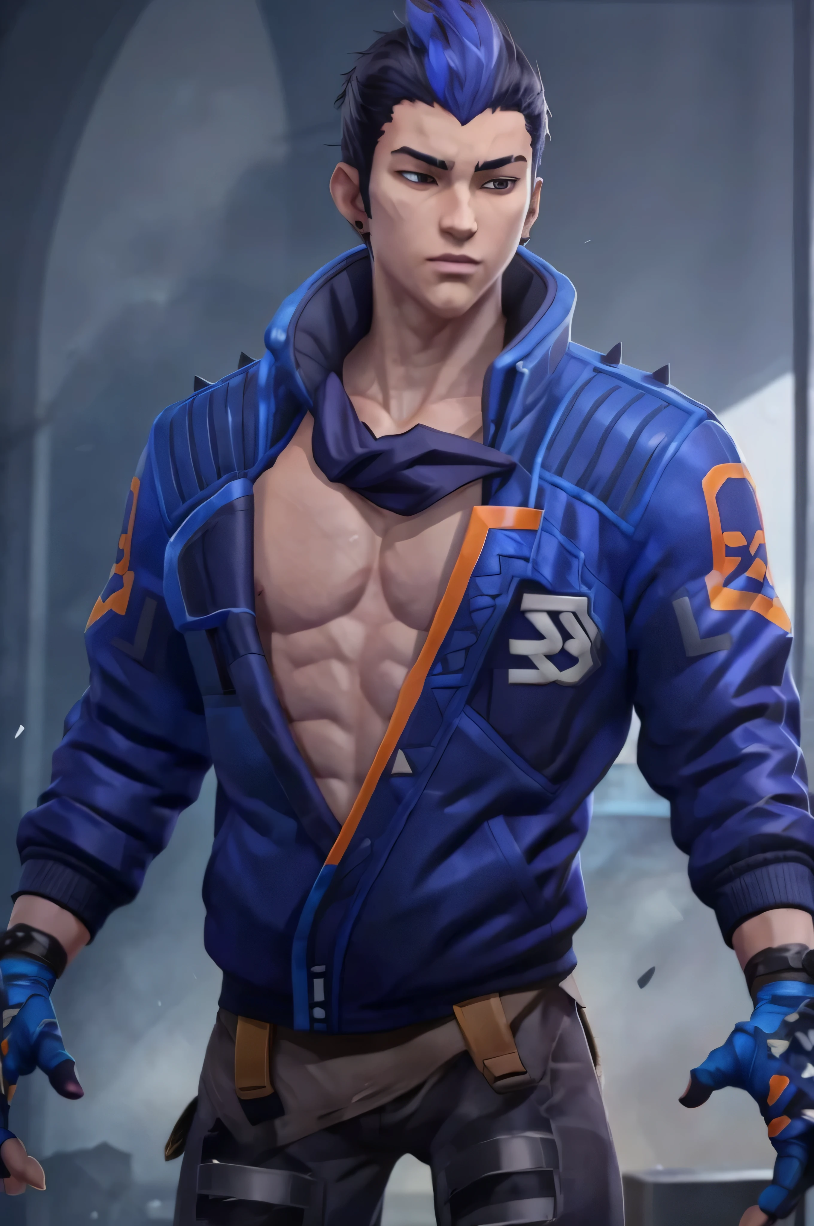 yoru valorant, shirtless, fully shirtless, no blue jacket, wearing blue necktie, plain blue backgroud