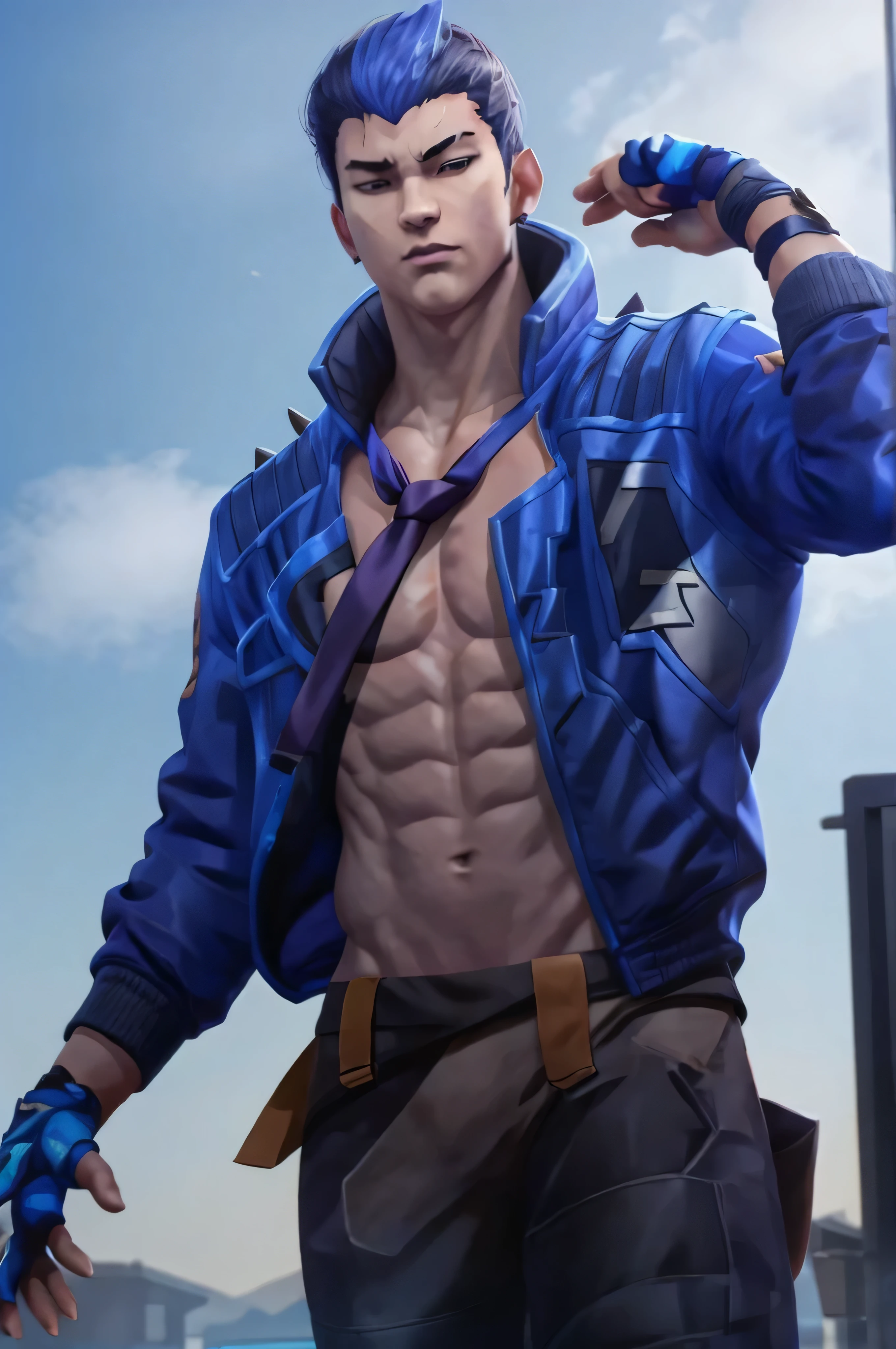 yoru valorant, shirtless, fully shirtless, no blue jacket, wearing blue necktie, plain blue backgroud
