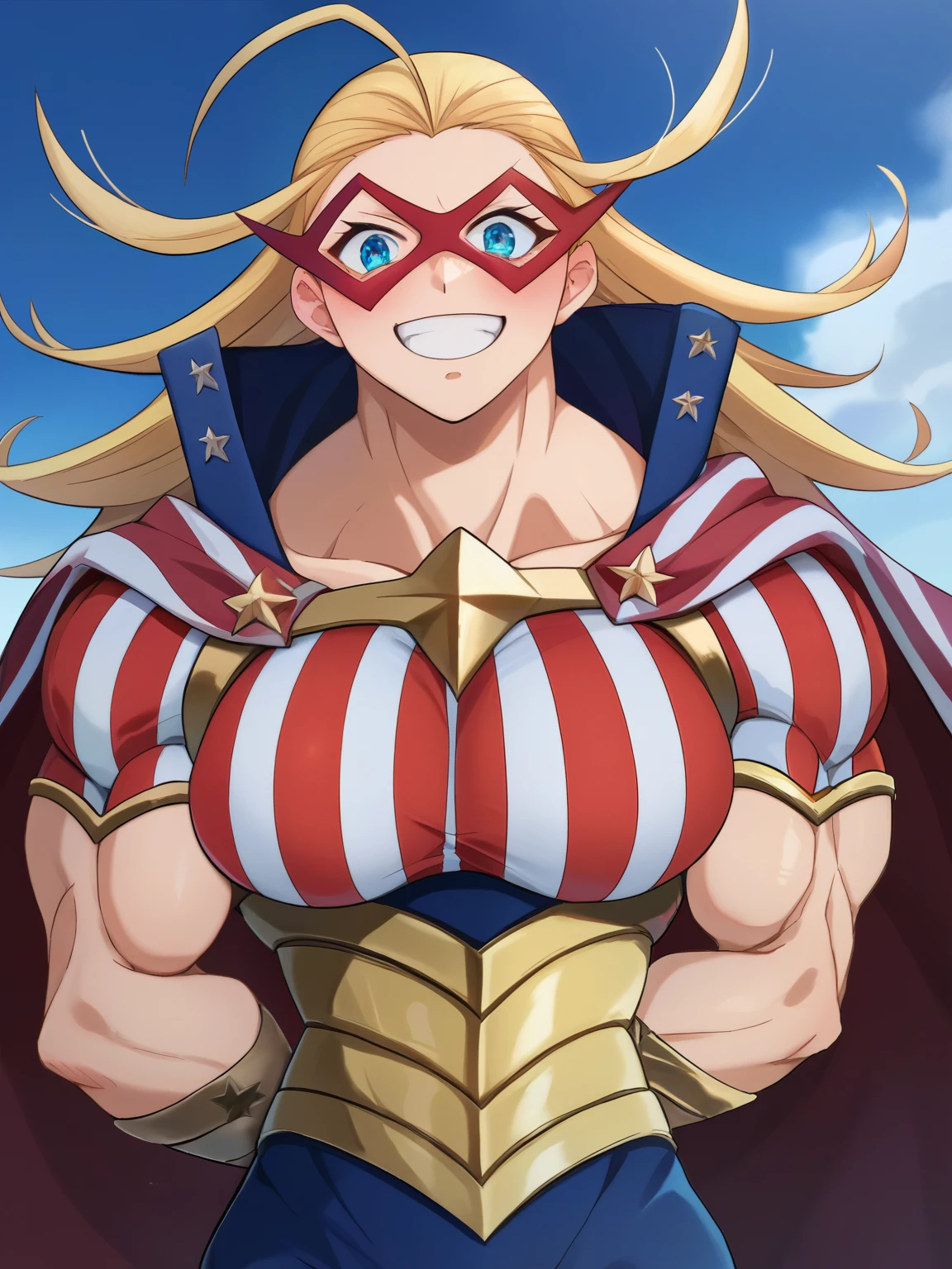 score_9, score_8_superior, score_7_superior, sauce_anime, alone, One girl, Stars and Stripes, Grin, sexyポーズ、View your viewers,, Muscular, Antenna Hair, Domino Mask, American Flag Print, striped bodysuit, Red Cape, blue sky、sexyポーズ、blush、View your viewers、cute、Her chest is F cup、Large breasts、Embarrassed face、Mischievous Smile、超sexy、sexy、Erotic、