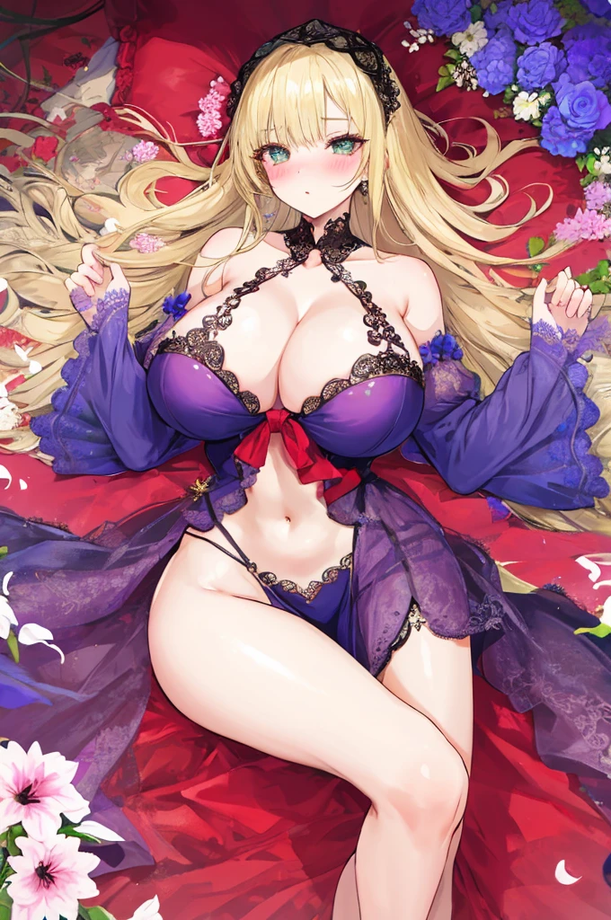 A woman with big ,Gorgeous woman,Mature(()),Long blond hair,Exquisite,Cleavage,Lace Eye Mask,Transparent nightdress,Slim waist,Showing belly,Smooth legs,blush,Lying in the flowers,Colorful flowers,