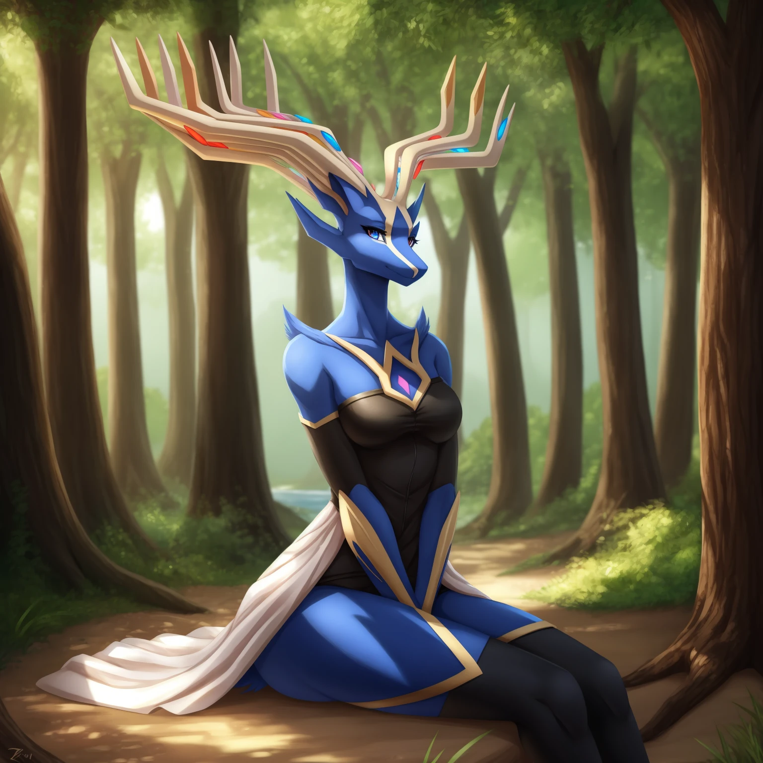 By zinfyuu on pixiv,by twistedscarlet60, uploaded on pixiv, by fluff-kevlar, (masterpiece), (best quality), (anthro furry:1.3, snout:1.2, anthro:1.3, furry:1.2, solo female:1.2), (extremely detailed:1.3), (blue_detailed_eye), wearing white dress, sfw, forest, sitting, lake, nature beauty, view on viewer, xerneas, very short hair, blue hair