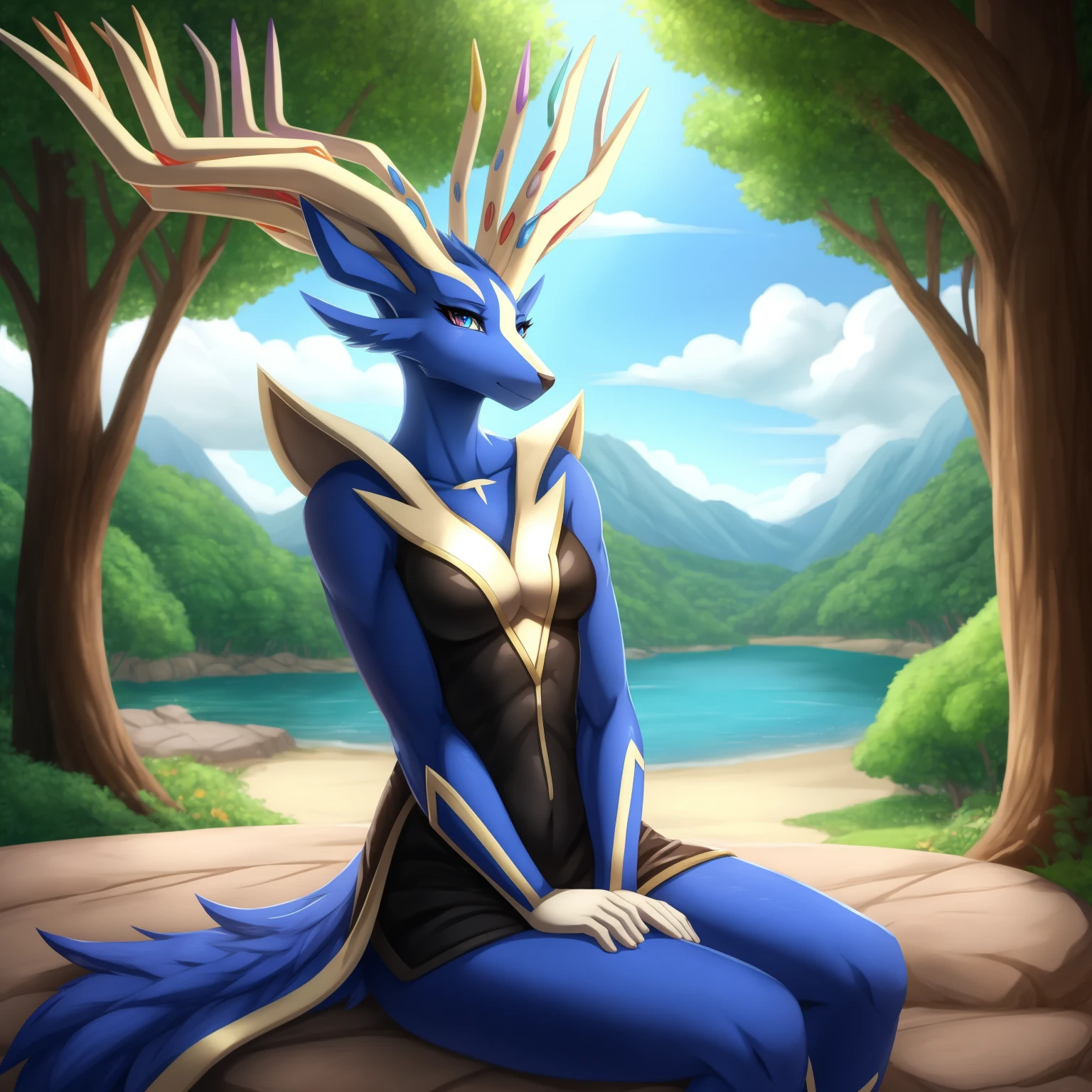 By zinfyuu on pixiv,by twistedscarlet60, uploaded on pixiv, by fluff-kevlar, (masterpiece), (best quality), (anthro furry:1.3, snout:1.2, anthro:1.3, furry:1.2, solo female:1.2), (extremely detailed:1.3), (blue_detailed_eye), wearing white dress, sfw, forest, sitting, lake, nature beauty, view on viewer, xerneas, very short hair, blue hair