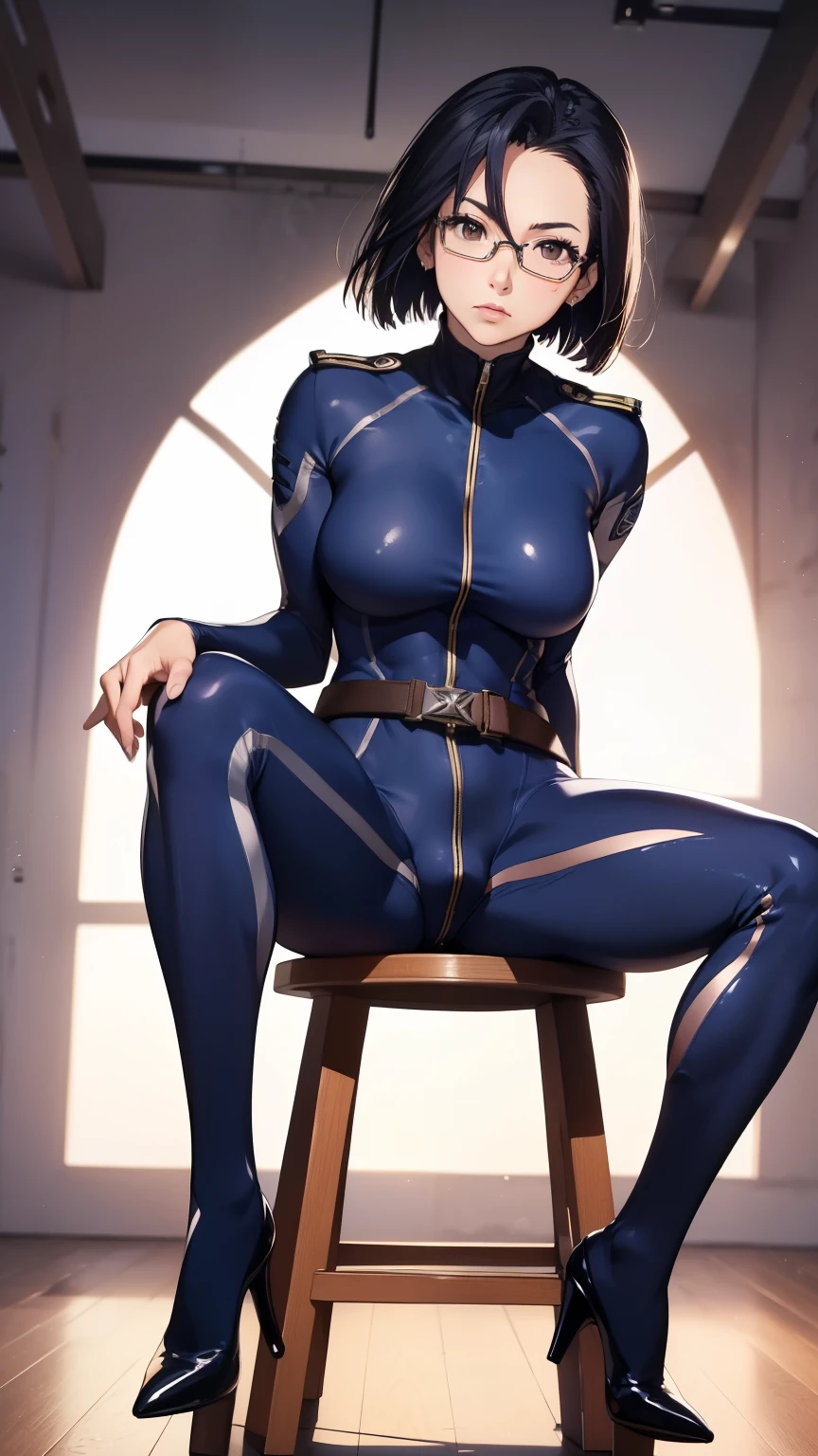 (masterpiece, best quality:1.2),(photoreal),perfect anatomy,solo, 1 middle age woman, (Niimi Kaoru),(looking at viewer),((small breasts:1.4)),((saggy breasts:1.2)),((muscular:1.7)),((do not hide your crotch)),((do not show your skin)),(cod lips),holding head high,((Sitting on the tall chair)),((leaning back)),(spreading legs:1.5),hairclip, glasses,((full covered body suit)),ultra thin fabric jump suit, uniform,belt,high heel,horizontal angle,sharp focus,full body shot