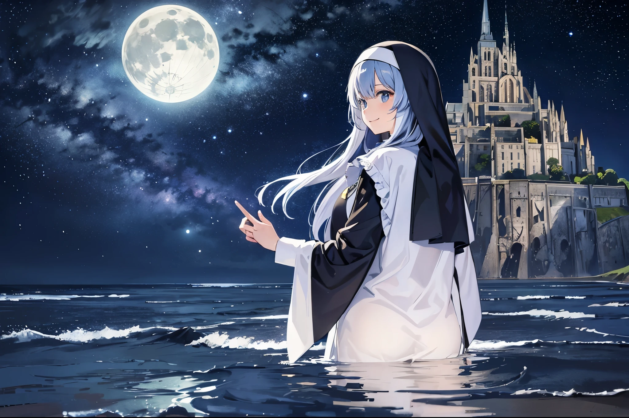Mont Saint-Michel Abbey floating on the sea、moonlight、Big Moon、Starry Sky、milky way、Light blue long hair、Twin-tailed nun、Adorable smile、