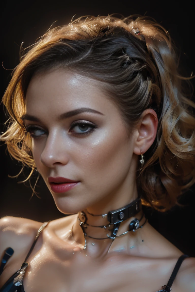 Sexy cyborg woman paints her self-portrait in oil paint, french braid, blonde hair, (Best quality, 4K, 8k, A high resolution, masterpiece:1.2), absurdity, masterpiece, ultra detailed, (realistic, photorealistic, photorealistic:1.37), complex parts, HDR, (complex parts:1.12), (hyper detailed, hyper realistic, Soft lighting, spicy:1.2), beautiful figure, Magnificent Anatomy, (complex part, Hyper detailed:1.15), Smooth skin,