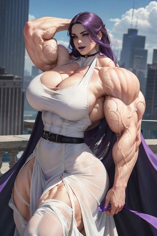 ((((Massive tall, beautiful, buff, pale white skinned muscular woman with violet purple hair, black lipstick, ginormous bulky muscles, winds blowing and wearing a beautiful white long dress)))), (close view), massive muscles, massive biceps, hyper muscle shoulders, massive muscle arms, vascular shoulders, hyper muscle triceps, (long hair with long bangs), black eyes, choker, on top of a skyscraper in a Windy City, confidant smile, hyper vascular arm, hyper muscles arms, hyper muscle legs, (massive arms).
