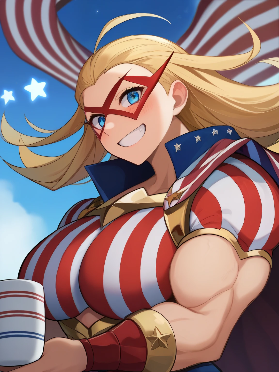 score_9, score_8_superior, score_7_superior, sauce_anime, alone, One girl, Stars and Stripes, Grin, View your viewers,, Muscular, Antenna Hair, Domino Mask, American Flag Print, striped bodysuit, Red Cape, blue sky、sexyポーズ、blush、View your viewers、cute、Her chest is F cup、Large breasts、Embarrassed face、Mischievous Smile、超sexy、sexy、Erotic、