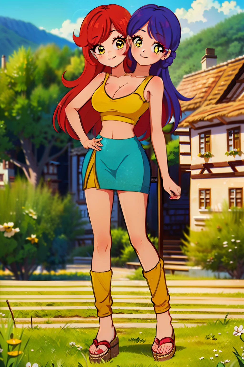 best quality, (masterpiece),(ultra-detailed), (high quality), (high resolution), ((2heads:1.5)), best quality:1.5, highres, UHD, 16K), ((two headed woman)), smiling, highres, masterpiece, ((vibrant red hair)), ((vibrant blue hair)), ((different hair colors)), cleavage, ((yellow crop top:1.5)), lustrous and smooth skin, seductive silhouette, sexy proportions, Beautiful girl with accentuated slender abs, long legs, ((village background:1.5)), ((exposed midriff)), body con dress, strapless, sleeveless, yellow eyes, ((long hair)), ((sandals))