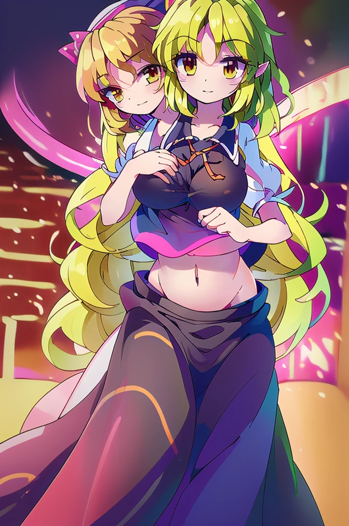 (masterpiece, best quality), best quality, best resolution, (ultra-detailed), (3heads:1.5), 1girl, (yuki (touhou):1.3), masterpiece, best quality, ultra quality, ultra resolution, ultra detail, dark red and pink top, crop top, ((stomach)), midriff, ((groin)), dark red and pink skirt, normal ears, shackles, blonde hair, very long hair, wavy hair, sidelocks, yellow eyes, parted lips, open belly, sweat, cute, toned belly, hand on own chest, eyelashes, (24 year old woman:1.3), (masterpiece:1.5), (best quality:1.5), (beautiful detailed), extremely detailed CG, extremely delicate and beautiful, depth of field, (finely detailed face), (perfect details:1.2), (mature female:1.3), wide pelvis, slender, large veiny breast, 16k resolution, highres, very high quality, very high definition, extremely detailed, masterpiece, best quality, blonde hair, long hair, alluring presence, braid, short skirt, close up, big tits, young, pink ribbon,
