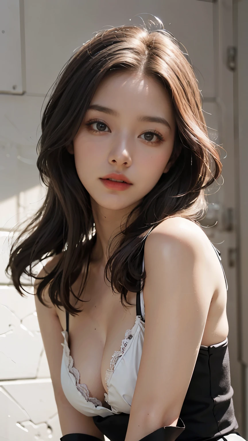 (((masterpiece, highest quality, Very detailed))), One doll-like female in gothic lolita fashion, , Accurate anatomy (beautiふul gray eyes, very, very large slitted eyes, delicate, , beautiふul eyes, very, very length eyelashes, Thin Nose, Small Mouth, Thin lips, Thin body, slightly length neck, rather thin shoulders, length thin arms, length thin legs), Precise pose (facing forward), Precise makeup (Unhealthy complexion, Natural Makeup, Light brown eyeshadow, very light pink blush, natural and natural very light pink lipstick), Accurate Skin (clear white, perfectly smooth), Accurate hair (Bright and clean silver hair, Vertically curled silver, length, Windblown Hair), Accurate costumes (black dress with ruffles, lace and black roses, A black dress that reveals shoulders and chest), Accurate lighting (Dim Light, Oblique light) Photographic equipment (SLR, single focus lens), setting (f/1.8, S400, ISO100), Accurate background (Plain Black), Highly realistic photos that accurately capture the entire body, (((Dramatically improved overall accuracy, creating a Very detailed and realistic image))).