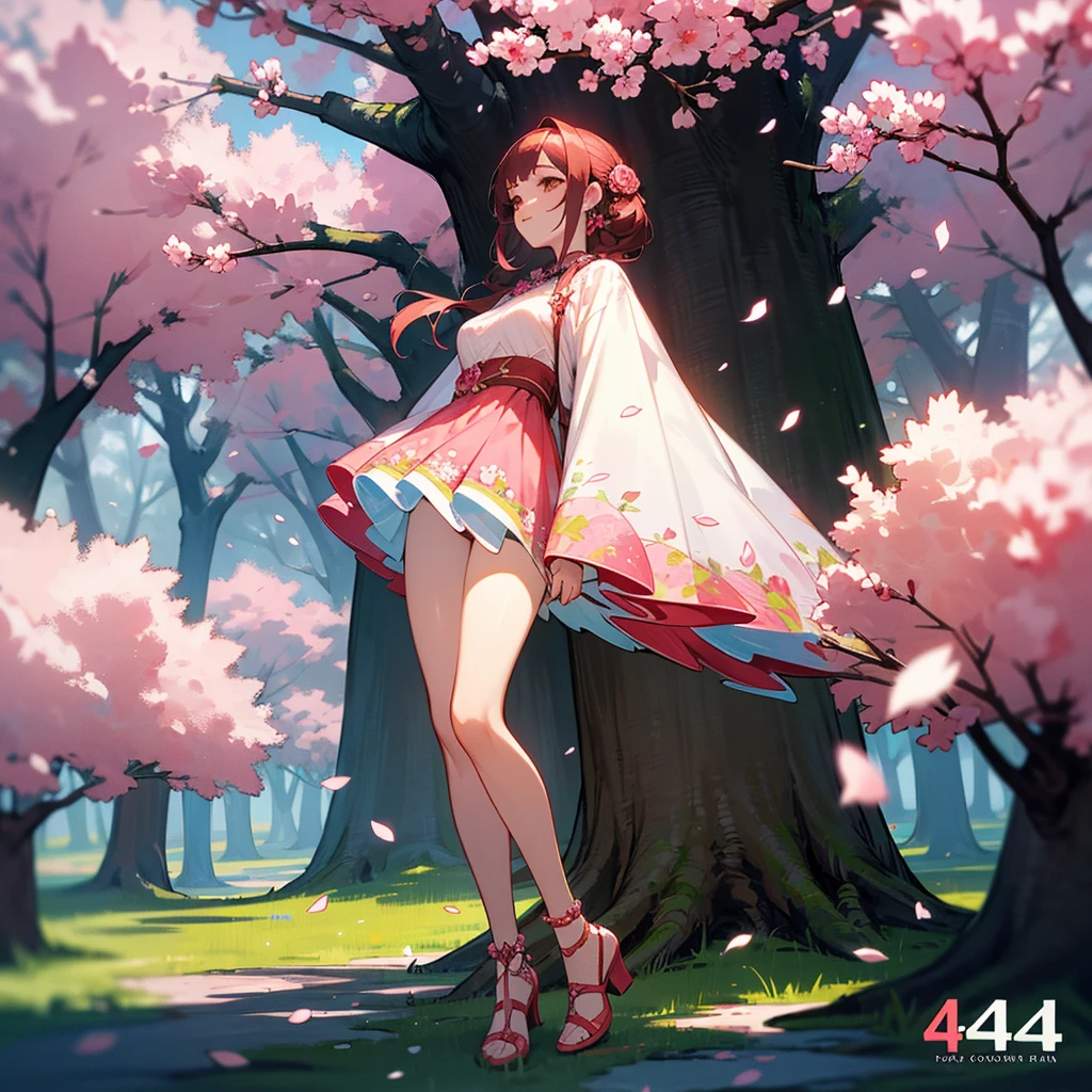 Imagine a character, born in the forest, she is a mixture of human and flower, her face and clothes are a mixture of various flowers such as roses, cherry blossoms and tulips, full body character, focus more on the character than on the scenery , 4K, detailed, vibrant