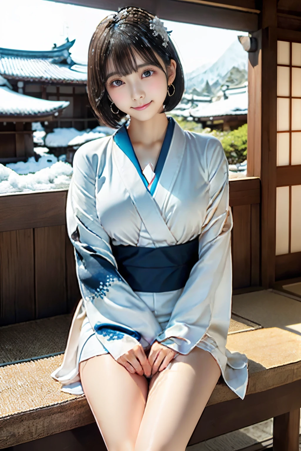 surreal, Realistic, ultra quality, RAW-photo, 8K photo quality, 
anatomically correct, perfect fingers, 
(Body, Slim waist and large busty body, Large breast, detailed girl, Realistic Japanese girl, 16-years-old, Height 150cm, Kawaii Japanese, angelic beauty), 
(Face, maiko, plump skin texture, Round face, Black hair, Black eyes, Moist eyes, Short bob cut, Bangs, Down-slating eyebrows, blush cheek, one little earring, angelic beauty, look at camera, look at viewer), 
(Pose, Close your chest with both hands, look at viewer), 
(Facial expression, adorable smiling), 
(Clothes, Yuki Onna, pure white kimono, white decorative band,thighs:1.5), 
(background, Heavy snowfall, snowy mountains, blizzard), 