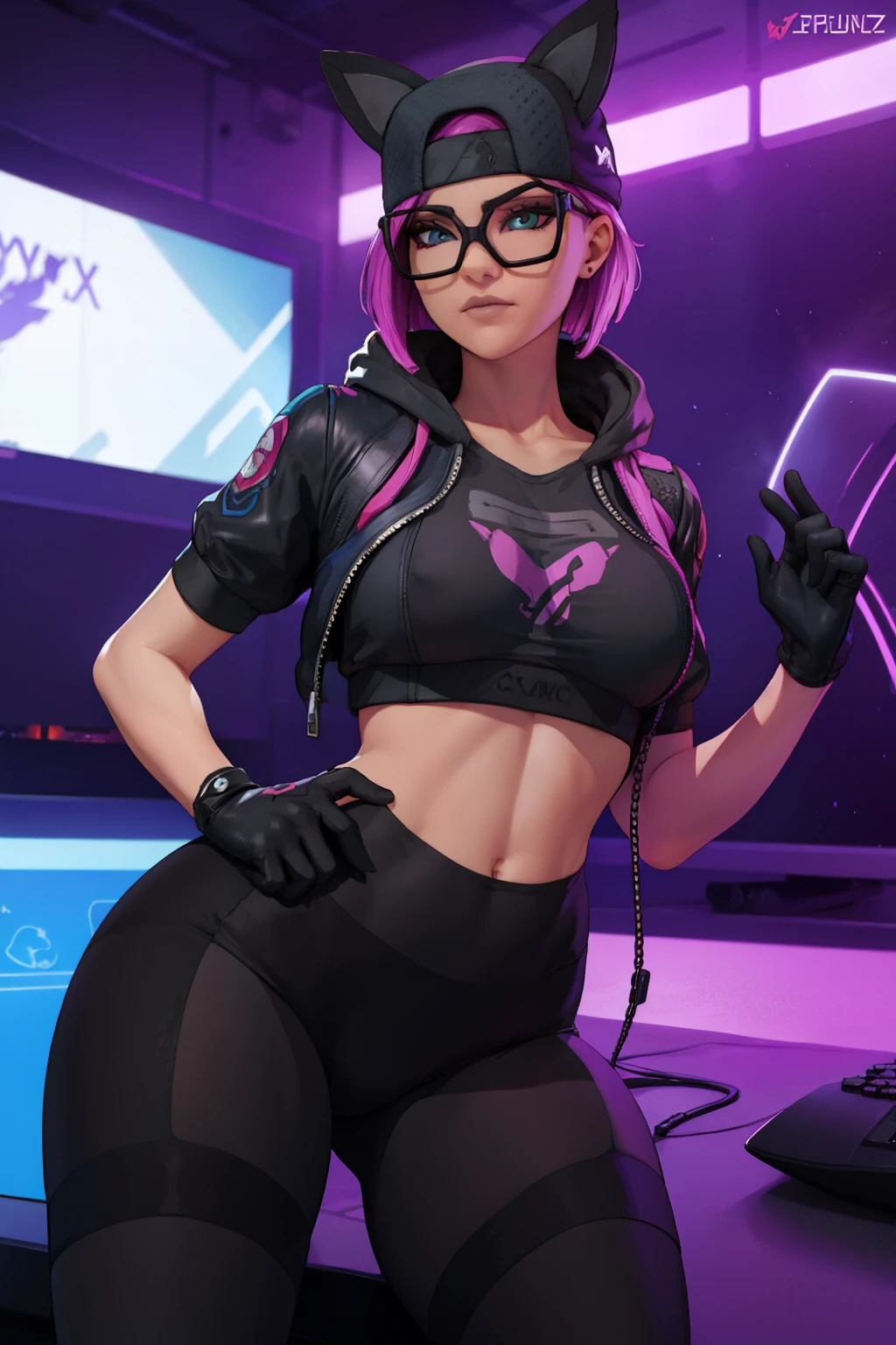 Gaming Zone Lynx guantes sin dedos, leggins black and blue, gafas, gorra