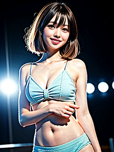 ((highest quality))、((masterpiece))、((High resolution))、(A composition of Japanese female idols singing on stage)、(Cute Japanese Woman)、(Cute 24 year old beauty)、(Slim figure)、(Slim face)、(Slim and beautiful thighs)、(Small breasts)、(Beautiful Skin)、(Detailed face)、(Thin lips)、(Cute Smile)、(Beautiful and elegant face)、(Cute face)、(Natural Bangs)、(Arched eyebrows)、(Groomed eyebrows)、((Large, balanced eyes))、(Cute eyes)、(Beautiful Eyes)、(Beautiful thin nose)、(Beautiful face line)、(Medium Bob Hair)、(Natural Bangs)、((A kind smileでカメラを見て))、Lighting the face、Bright lighting、Professional Lighting、(Forward lighting)、(A kind smile)、(Cute pose)、(Wearing Nogizaka46&#39;s stage costume)、(Big smile)、(女子高生のLive costumes)、(Uniform Mini Skirt)、(Live costumes)、(High School Girl Uniform Jacket)、(Concert Venues)、(Hand holding a wireless microphone)、((She is singing wearing a stylish frilly miniskirt dress.))、((A dress with a cute and intricate design))、(In-ear monitor)、(garter belt)、(Knee-high socks)、